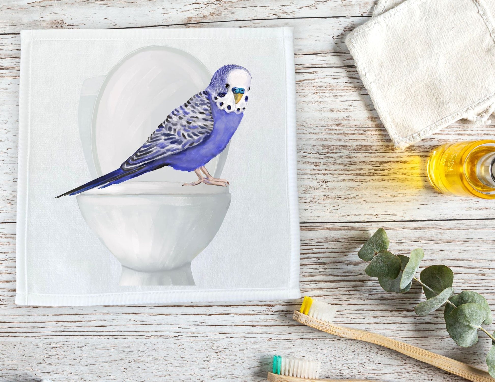 Blue Budgie on Toilet Washcloth – Fun Gift for Bird Lovers - MerikaArt