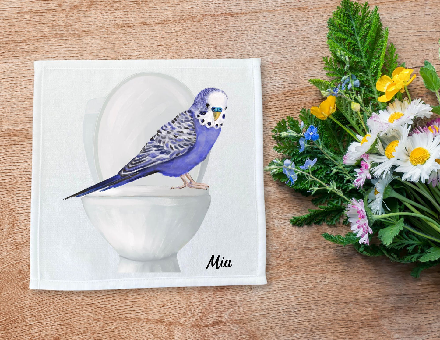 Blue Budgie on Toilet Washcloth – Fun Gift for Bird Lovers - MerikaArt