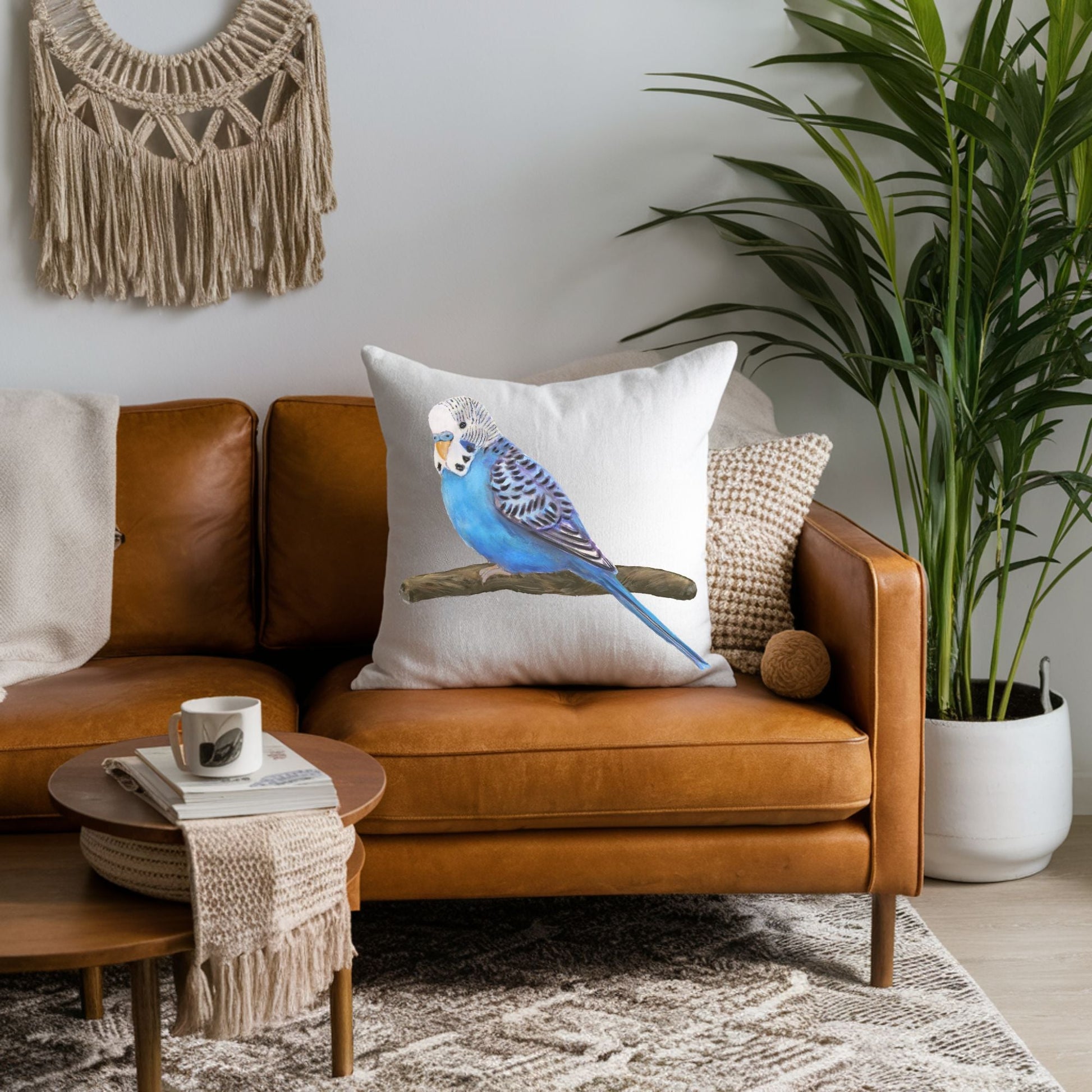 Blue Budgie Pillow - MerikaArt