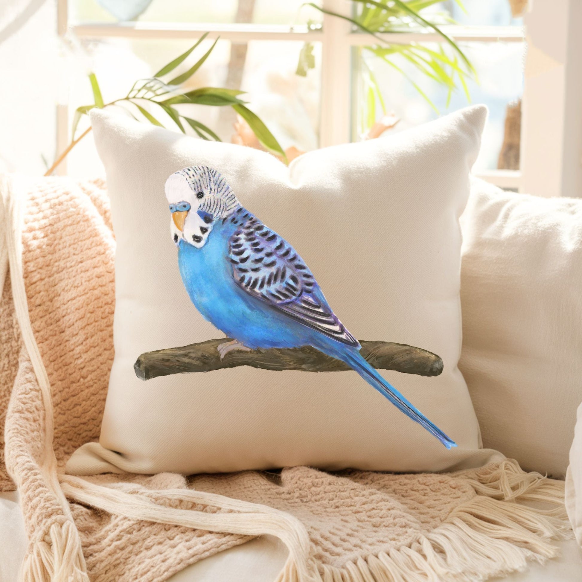 Blue Budgie Pillow - MerikaArt