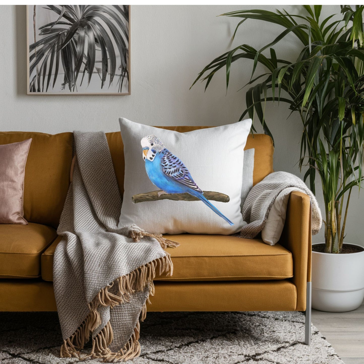 Blue Budgie Pillow - MerikaArt