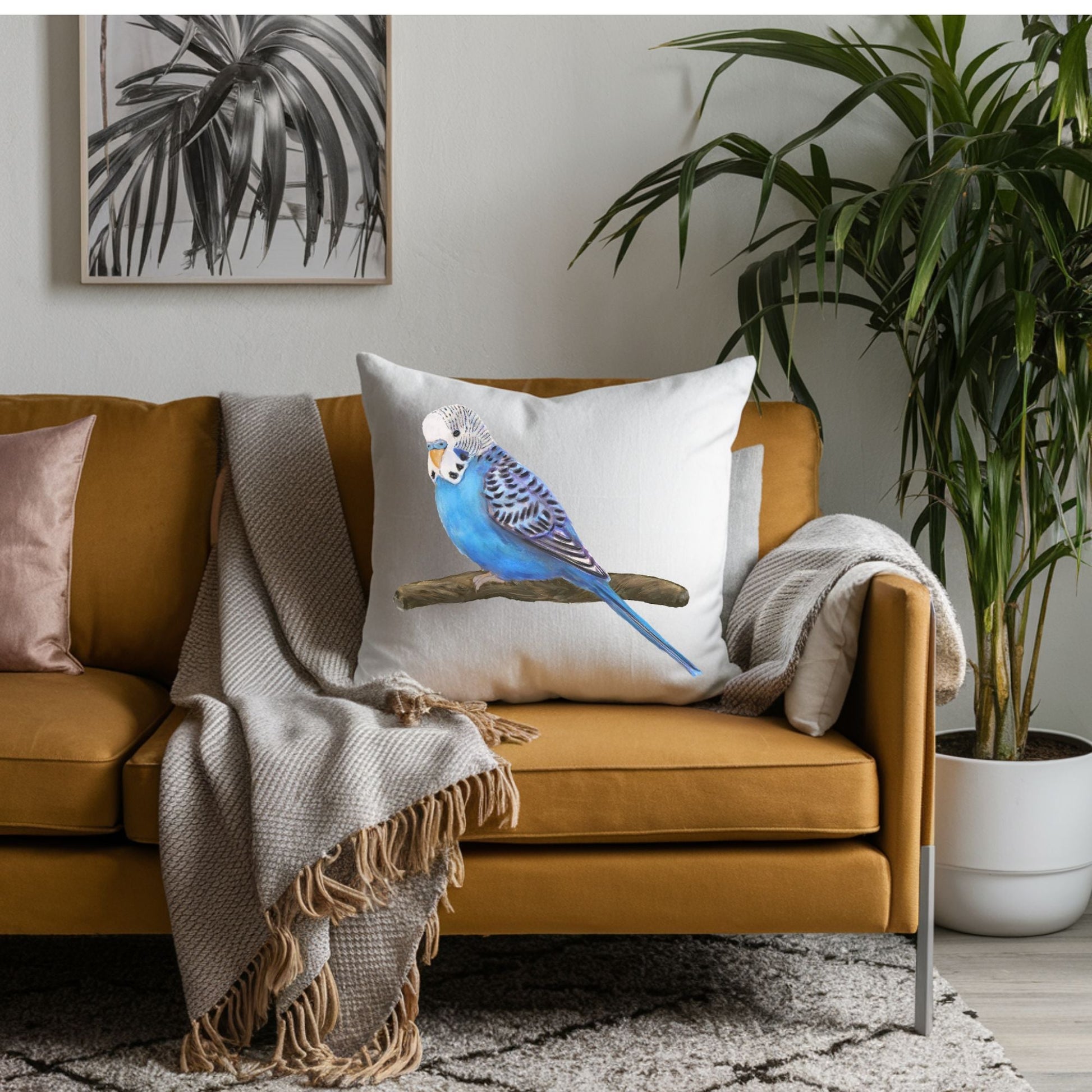 Blue Budgie Pillow - MerikaArt