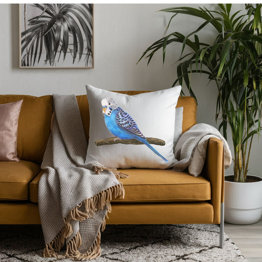 Blue Budgie Pillow - MerikaArt