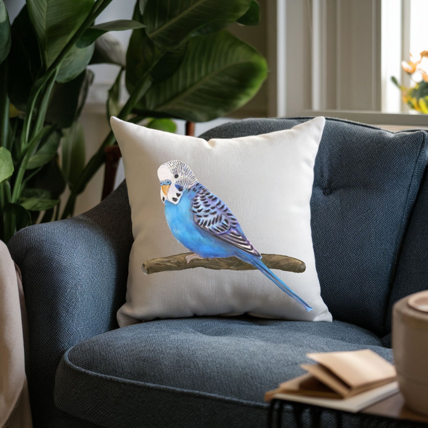 Blue Budgie Pillow - MerikaArt