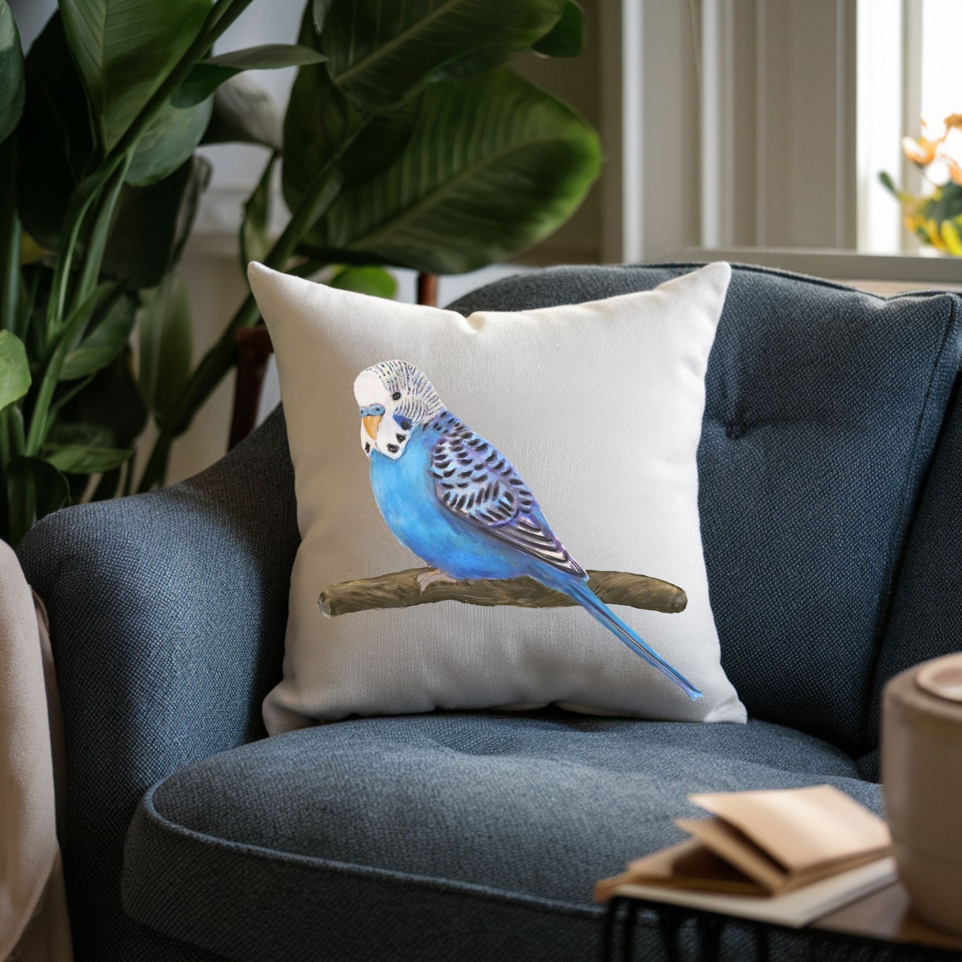 Blue Budgie Pillow - MerikaArt