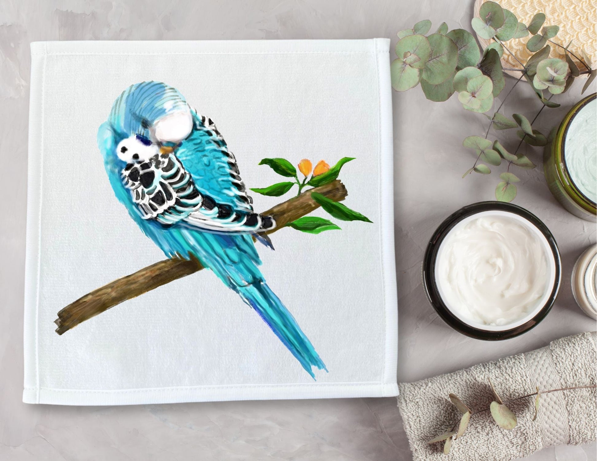 Blue Budgie Washcloth - MerikaArt