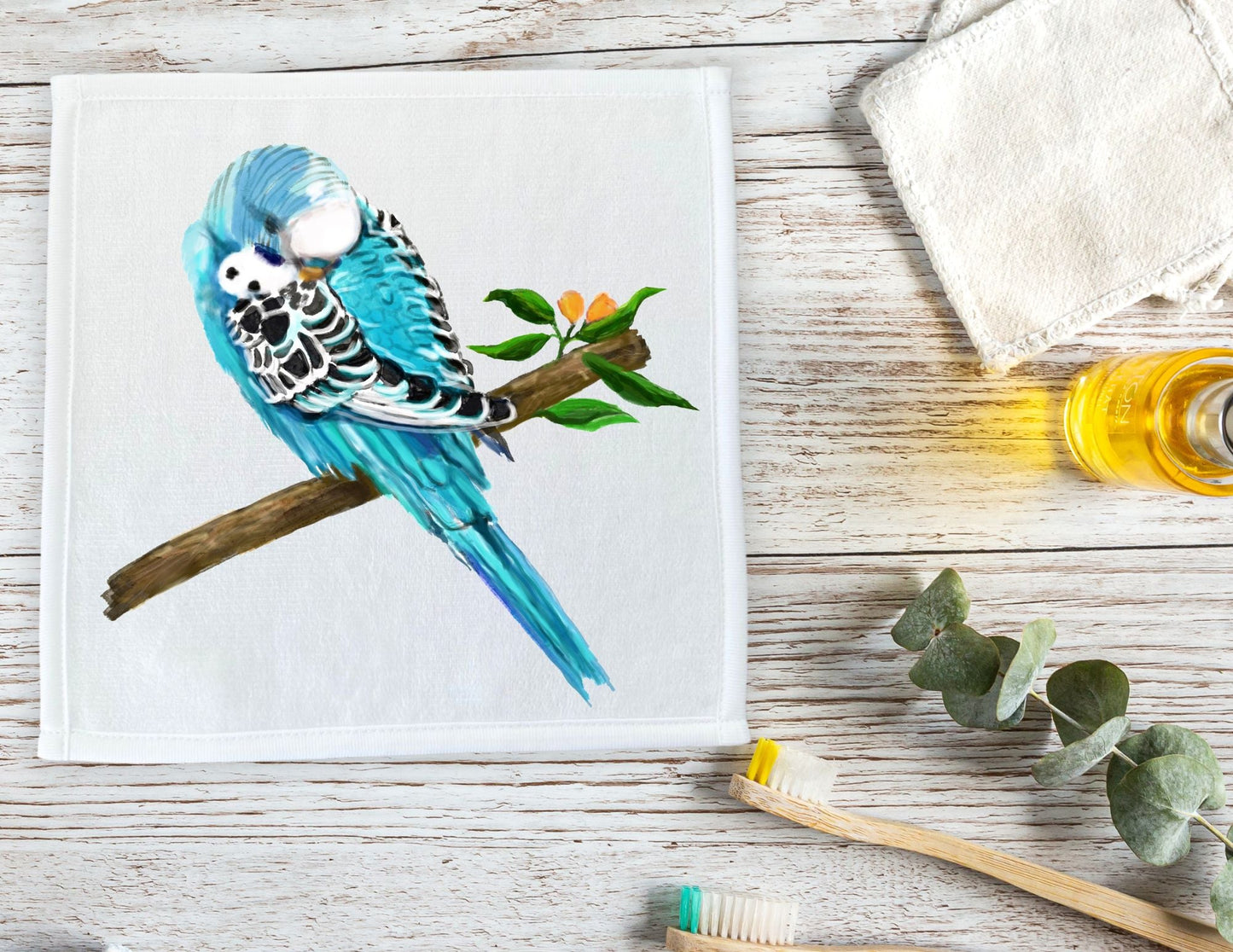 Blue Budgie Washcloth - MerikaArt