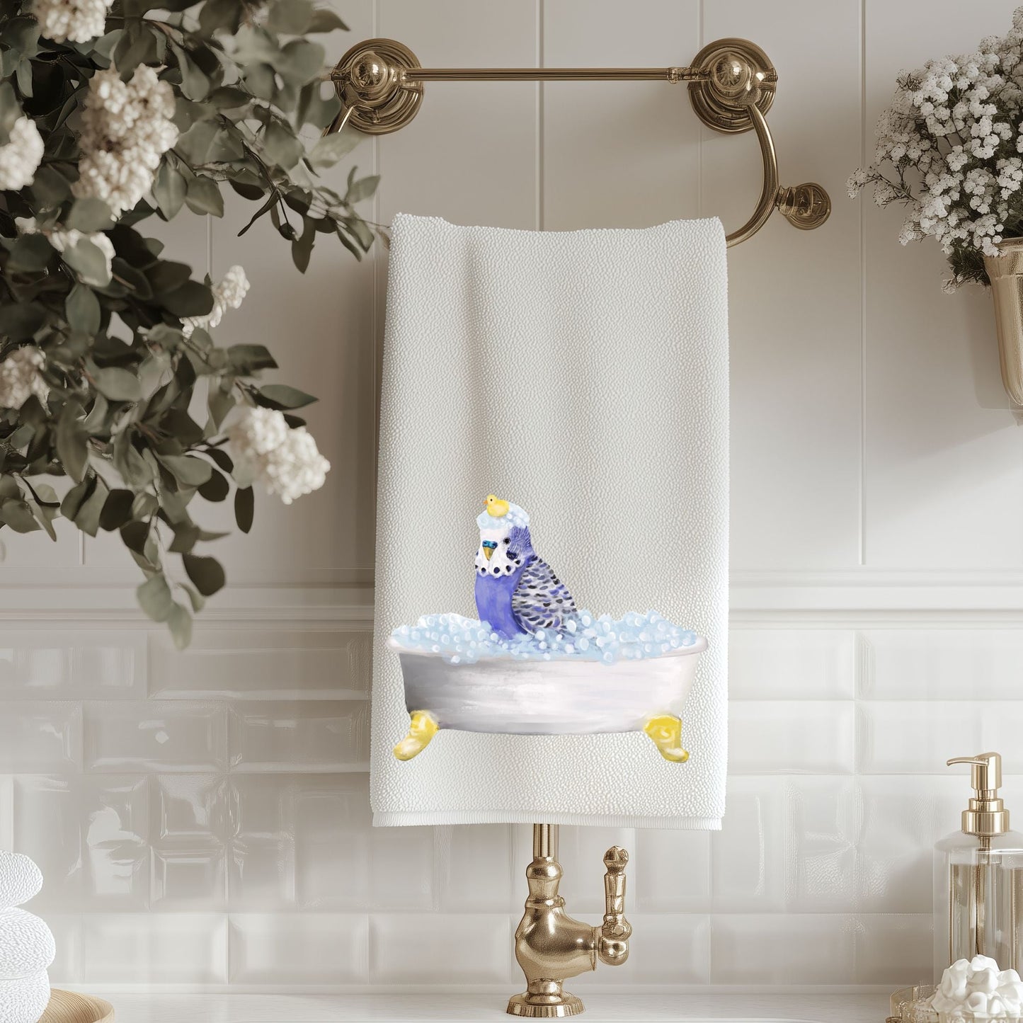 Blue Budgie with Rubber Duck Bathroom Towel - MerikaArt