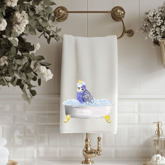 Blue Budgie with Rubber Duck Bathroom Towel - MerikaArt