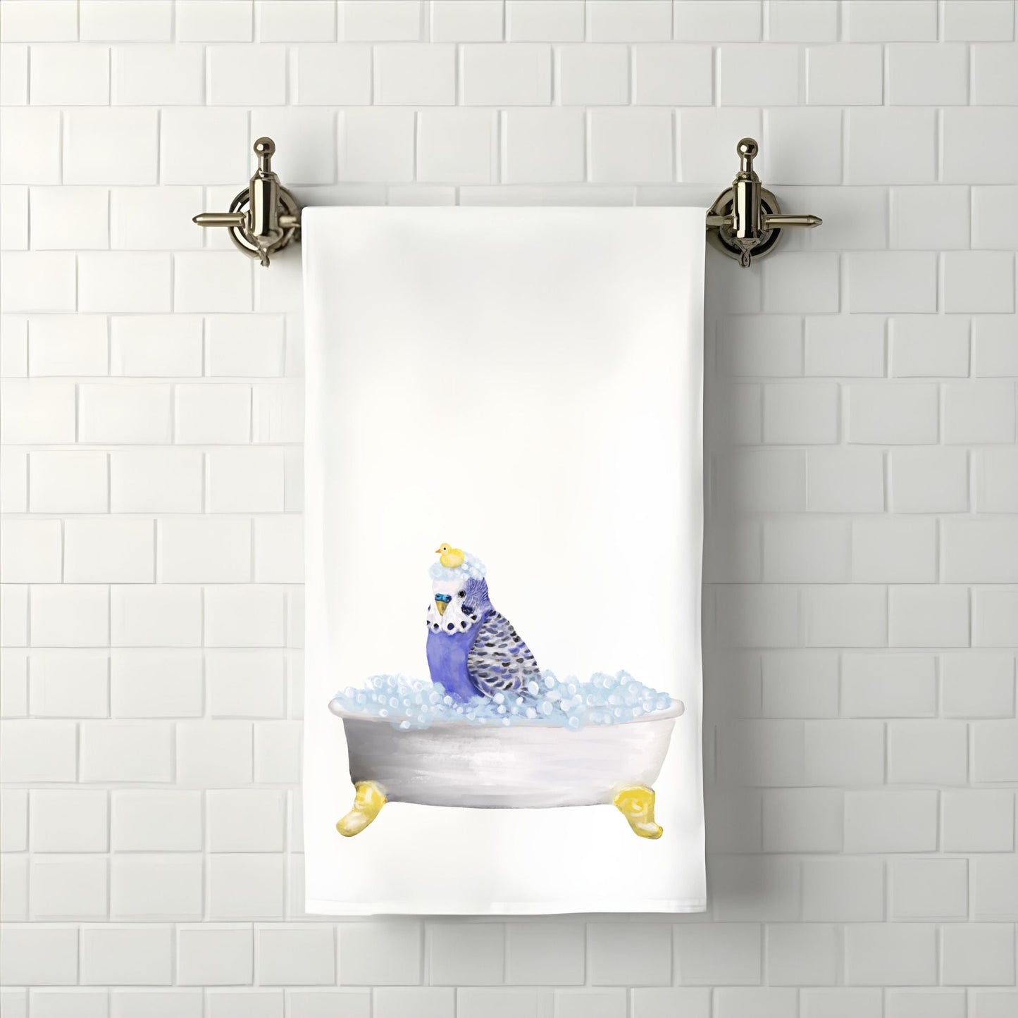 Blue Budgie with Rubber Duck Bathroom Towel - MerikaArt