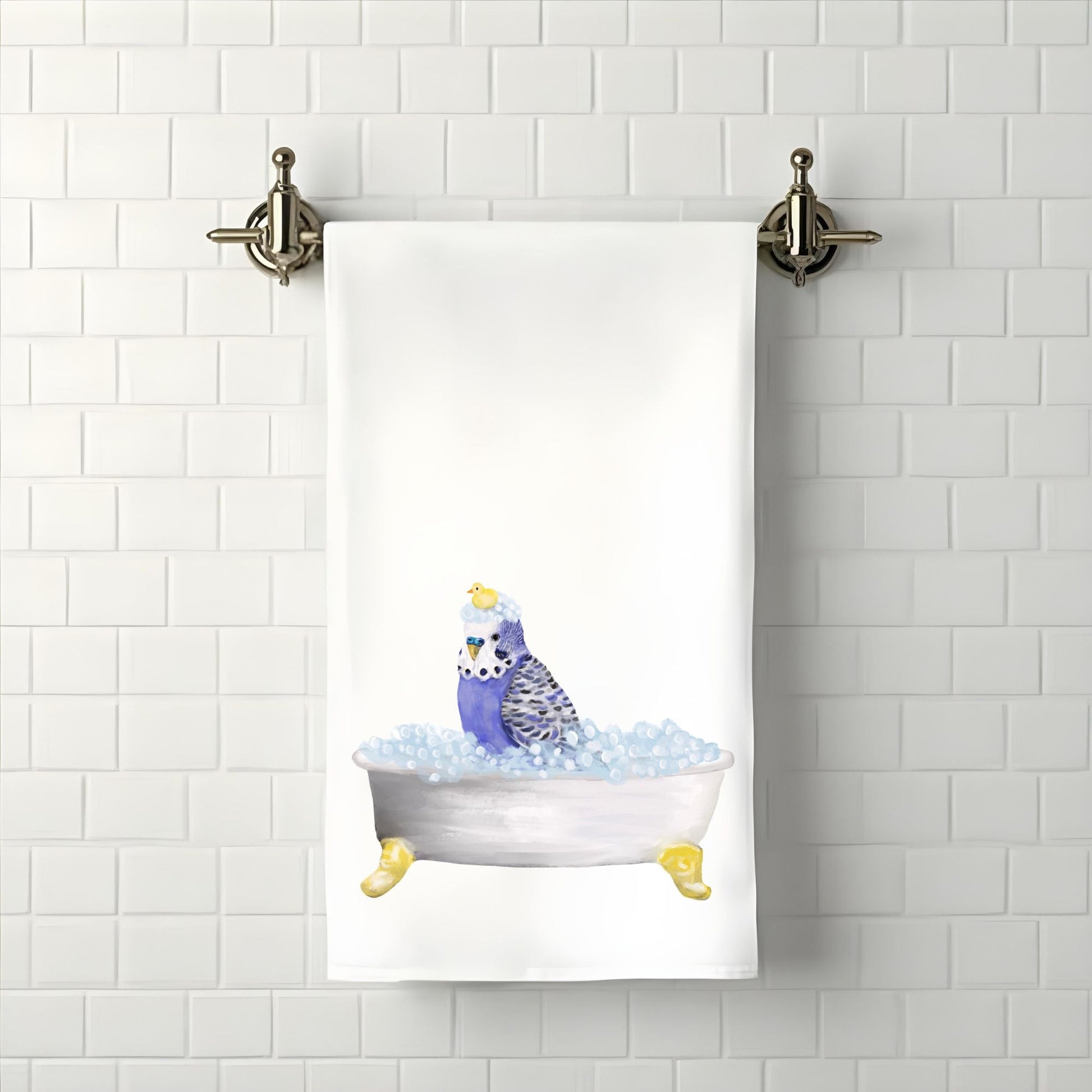 Blue Budgie with Rubber Duck Bathroom Towel - MerikaArt