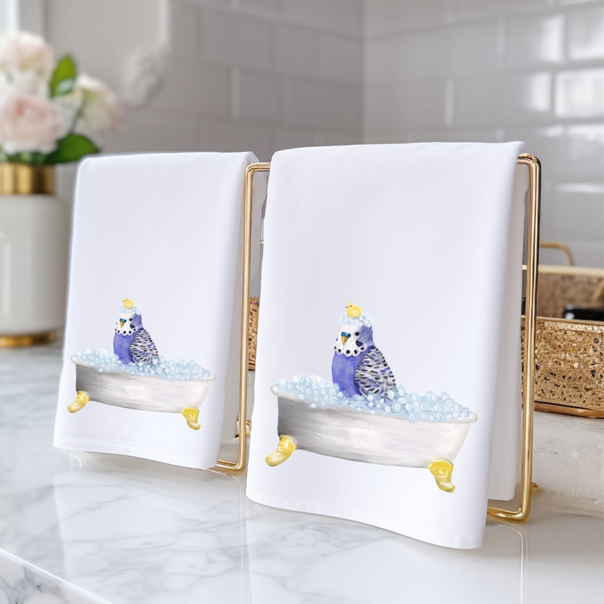 Blue Budgie with Rubber Duck Bathroom Towel - MerikaArt