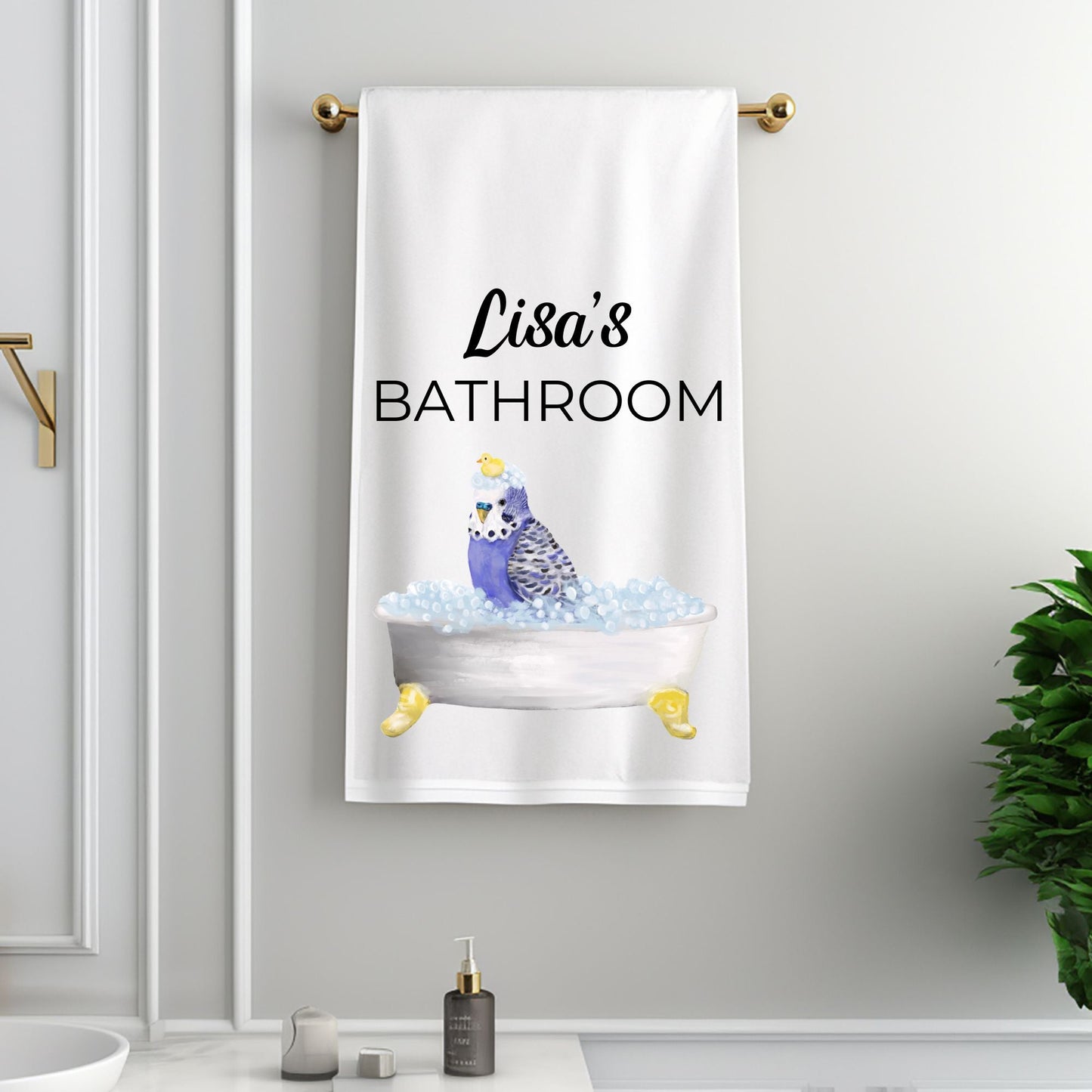 Blue Budgie with Rubber Duck Bathroom Towel - MerikaArt
