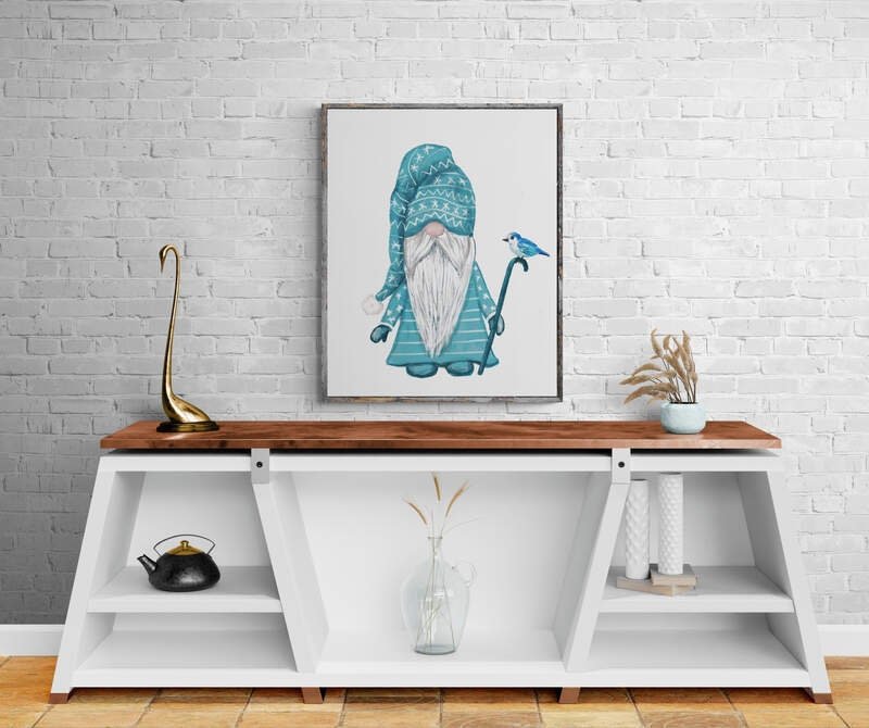 Blue Christmas Gnome Print, Scandinavian Christmas Art, Nordic Gnome Gift, New Years Art, Winter Home Decor, Xmas Gnome, Bird Portrait - MerikaArt