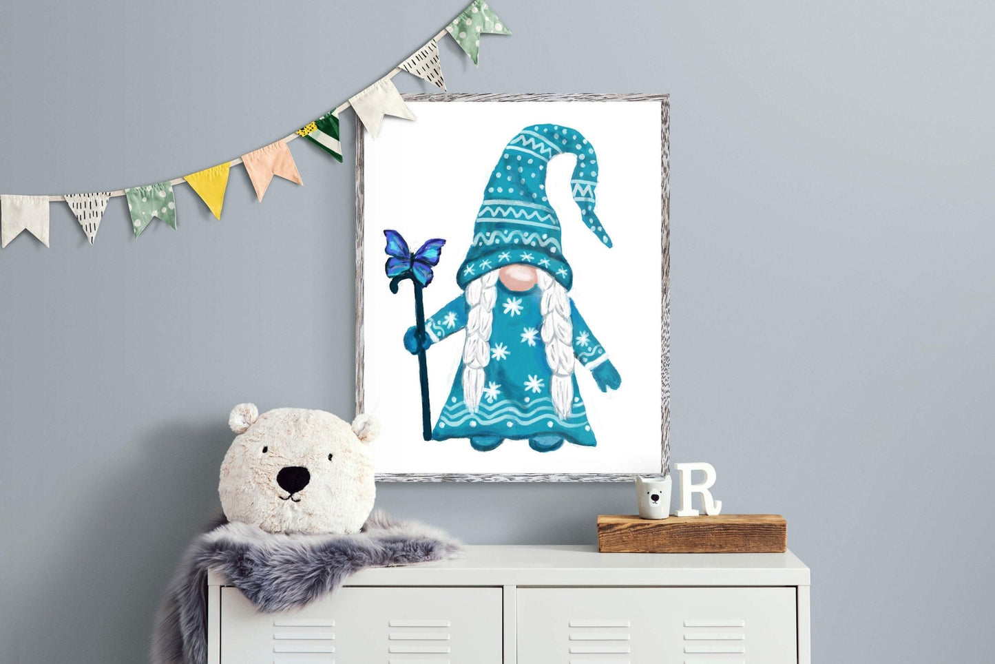 Blue Gnome with Butterfly Print, Scandinavian Christmas Art, Nordic Gnome Gift, New Years Art, Winter Home Decor, Xmas Gnome, Bird Portrait - MerikaArt