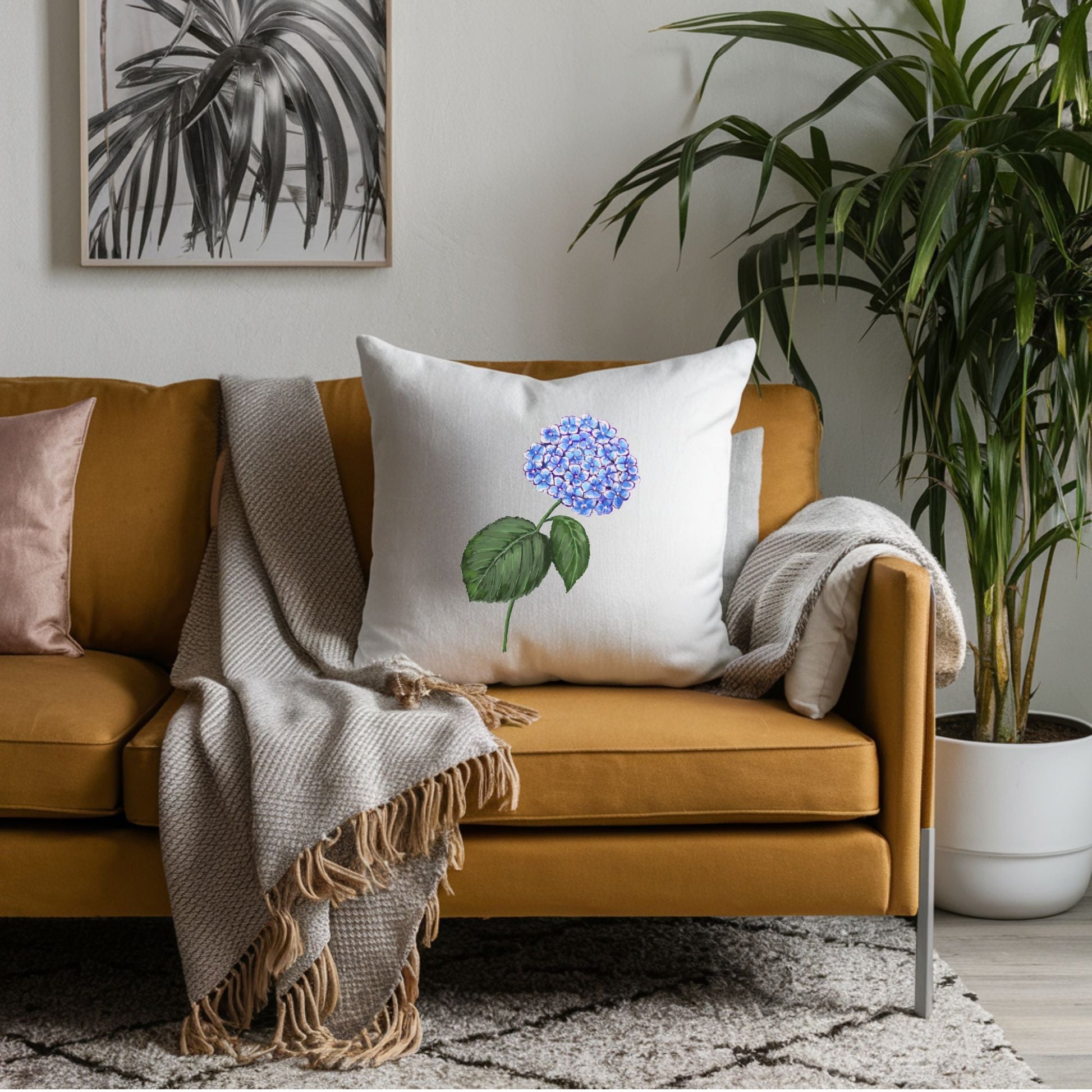 Blue Hydrangea Flower Pillow - MerikaArt