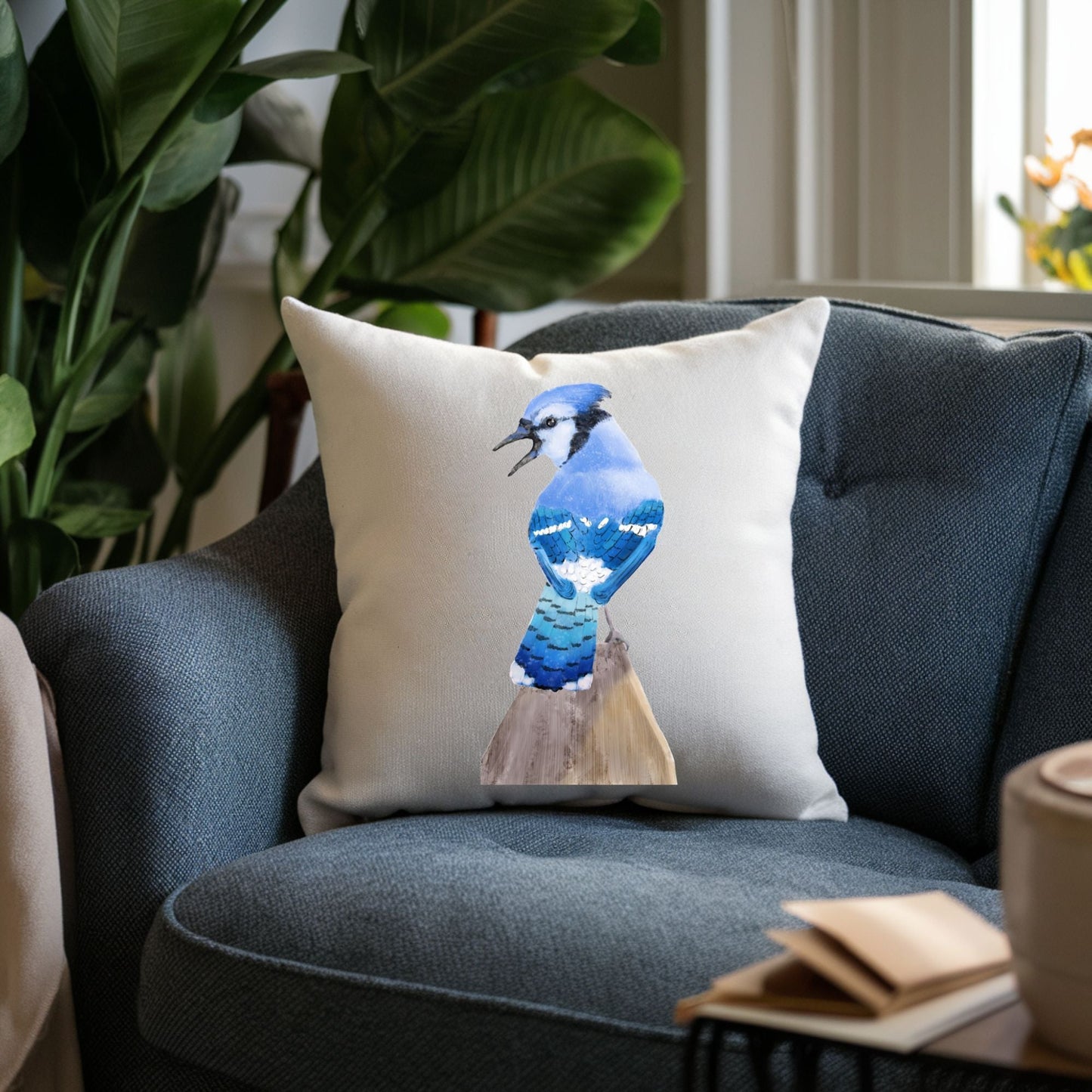 Blue Jay Bird Pillow - MerikaArt
