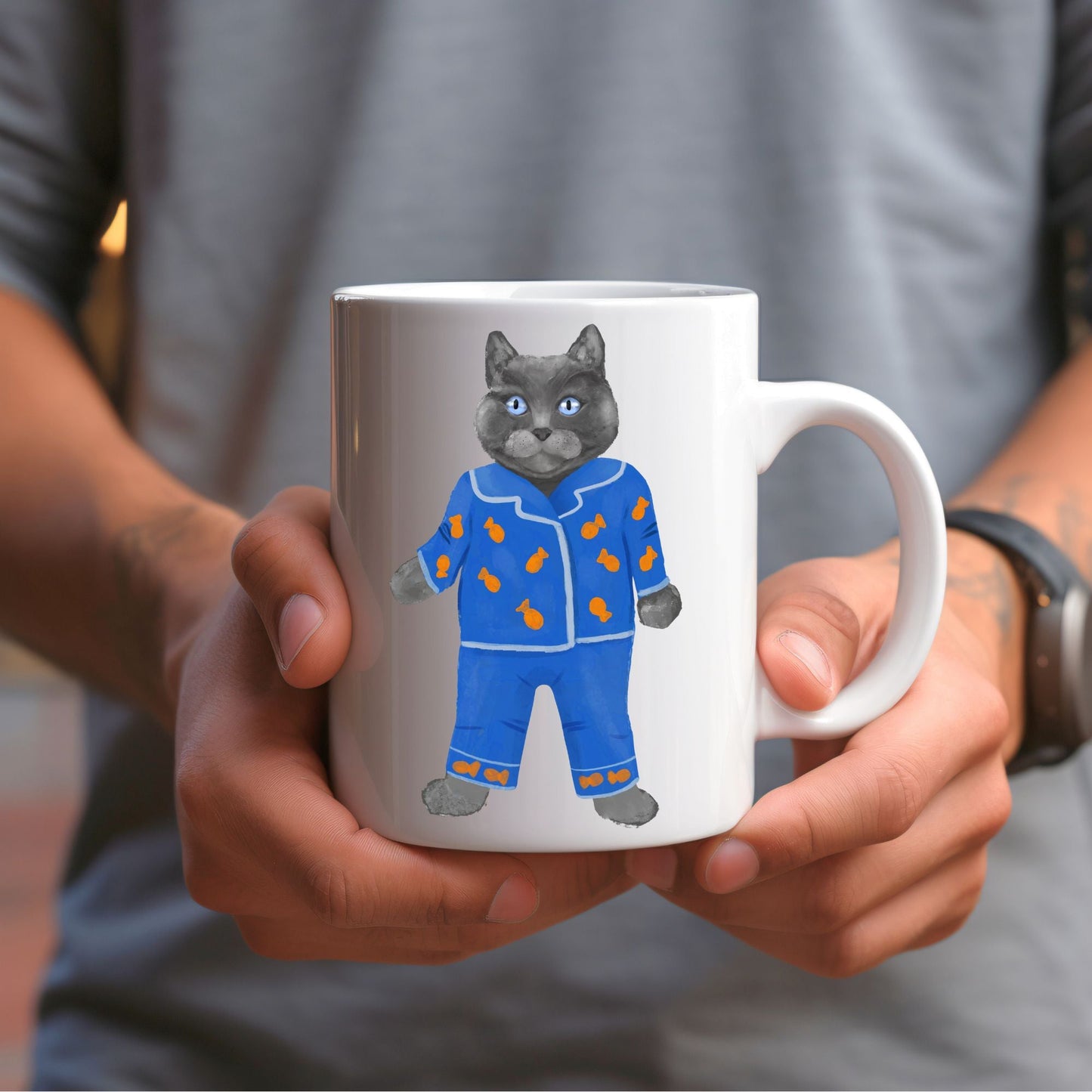 Blue Pajama Cat Mug - MerikaArt