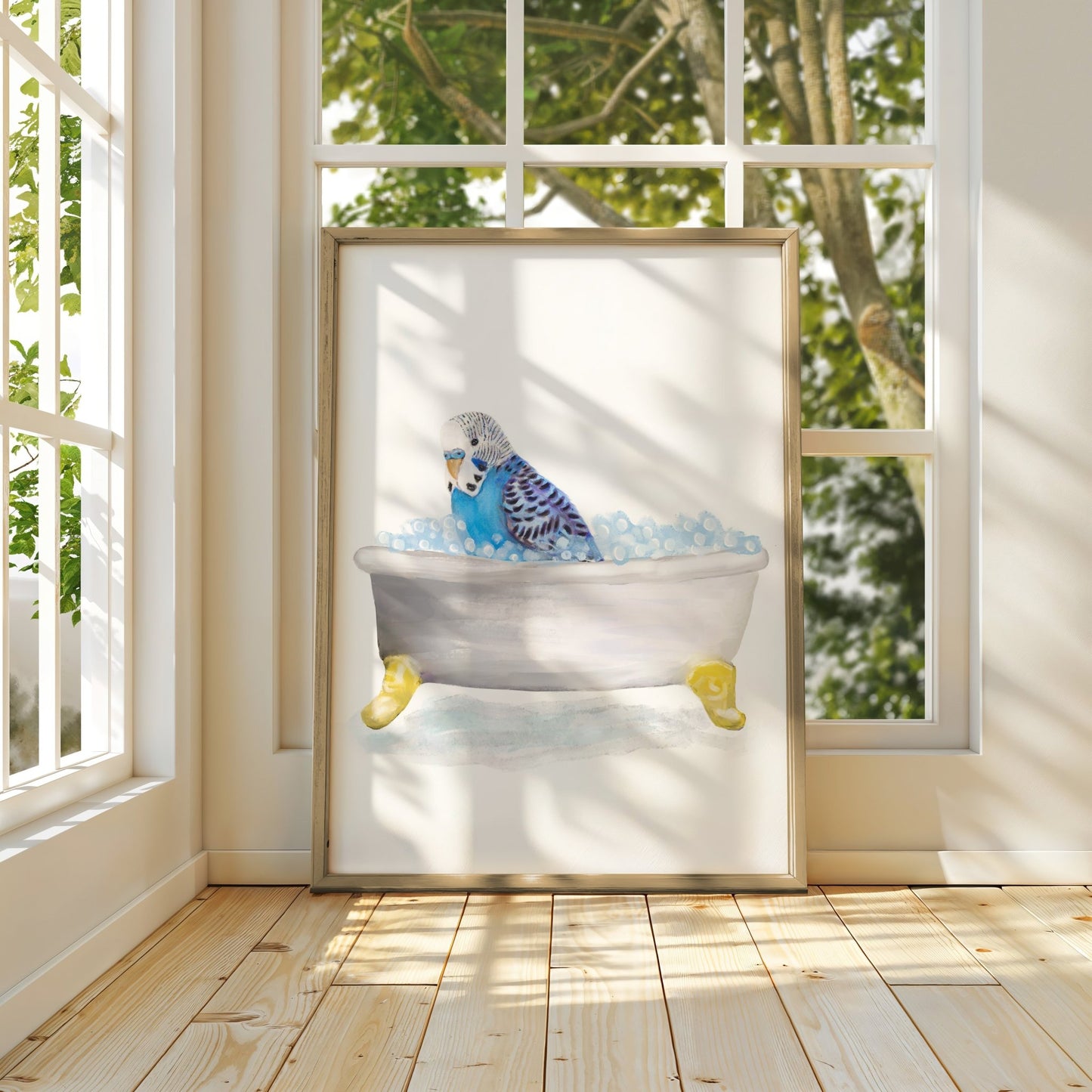 Blue Parakeet in Bathtub – Cute and Unique Animal Art Print - MerikaArt