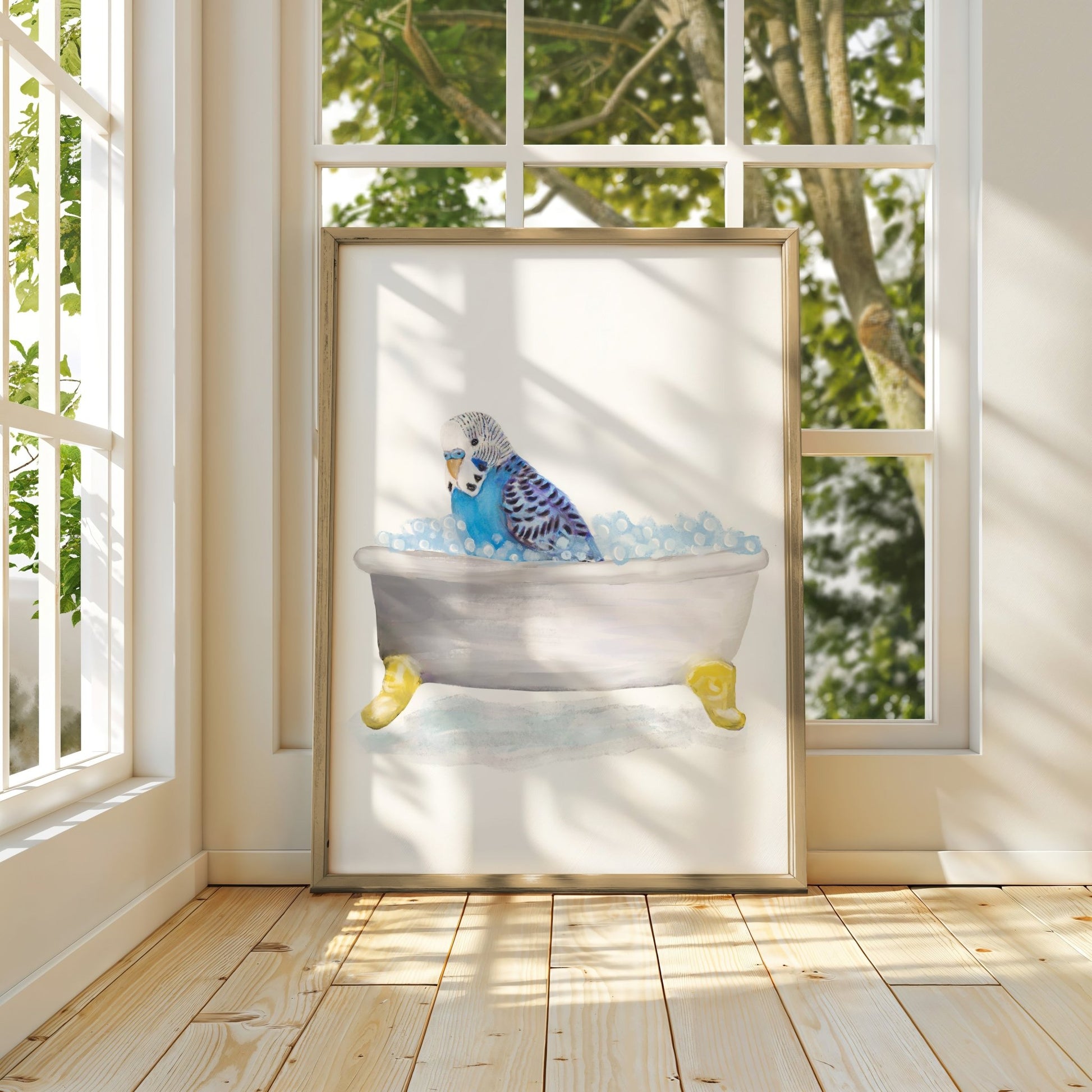 Blue Parakeet in Bathtub – Cute and Unique Animal Art Print - MerikaArt
