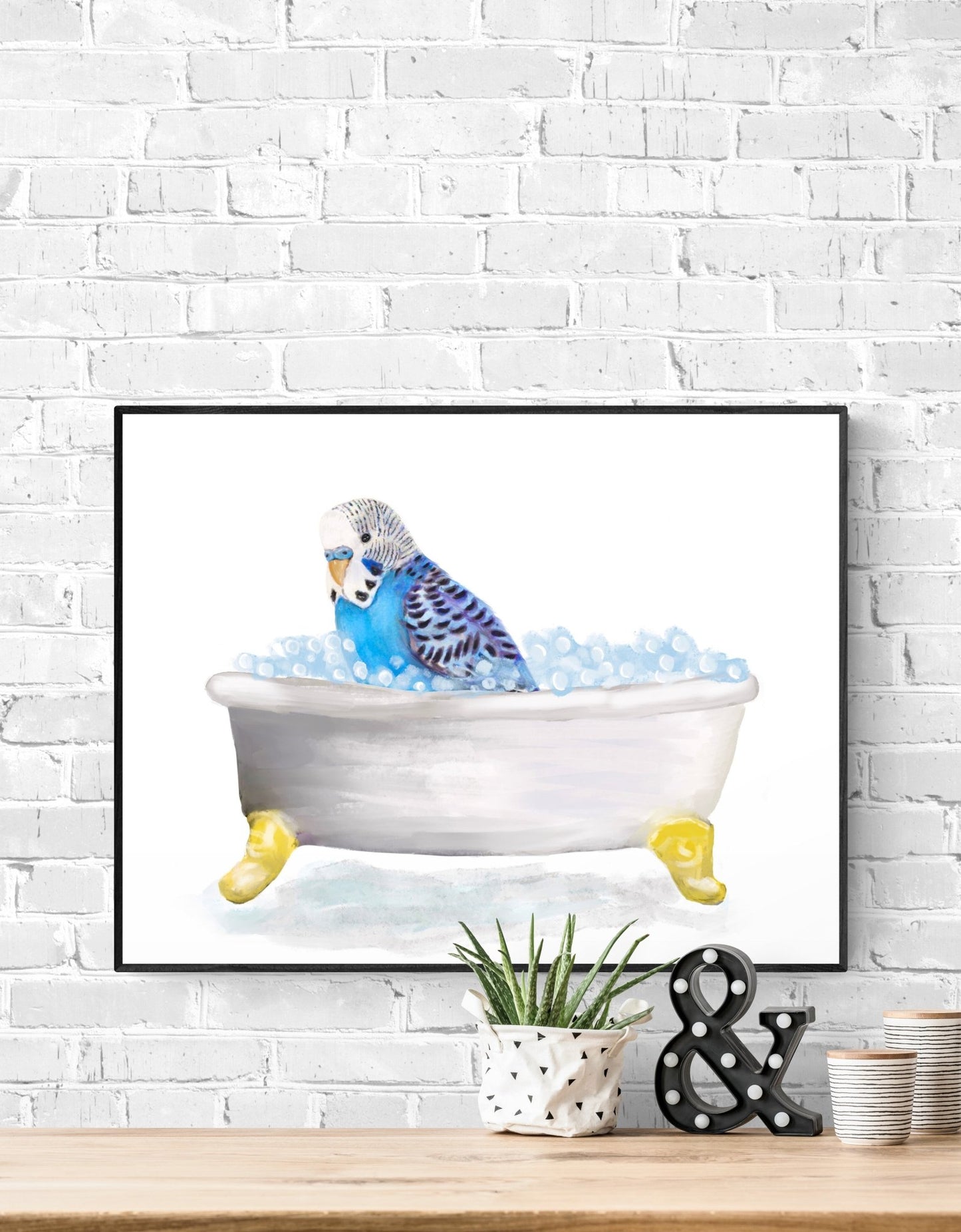 Blue Parakeet in Bathtub – Cute and Unique Animal Art Print - MerikaArt