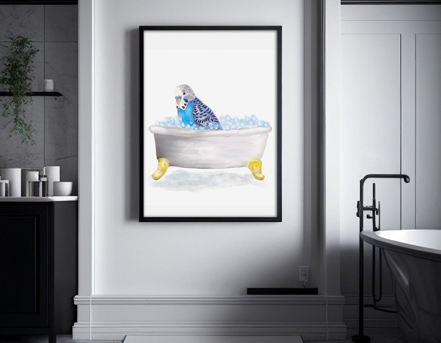 Blue Parakeet in Bathtub – Cute and Unique Animal Art Print - MerikaArt