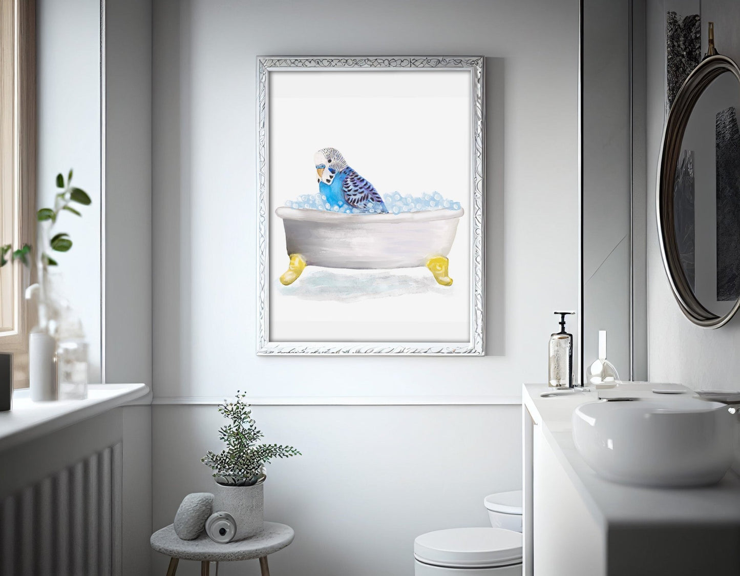 Blue Parakeet in Bathtub – Cute and Unique Animal Art Print - MerikaArt