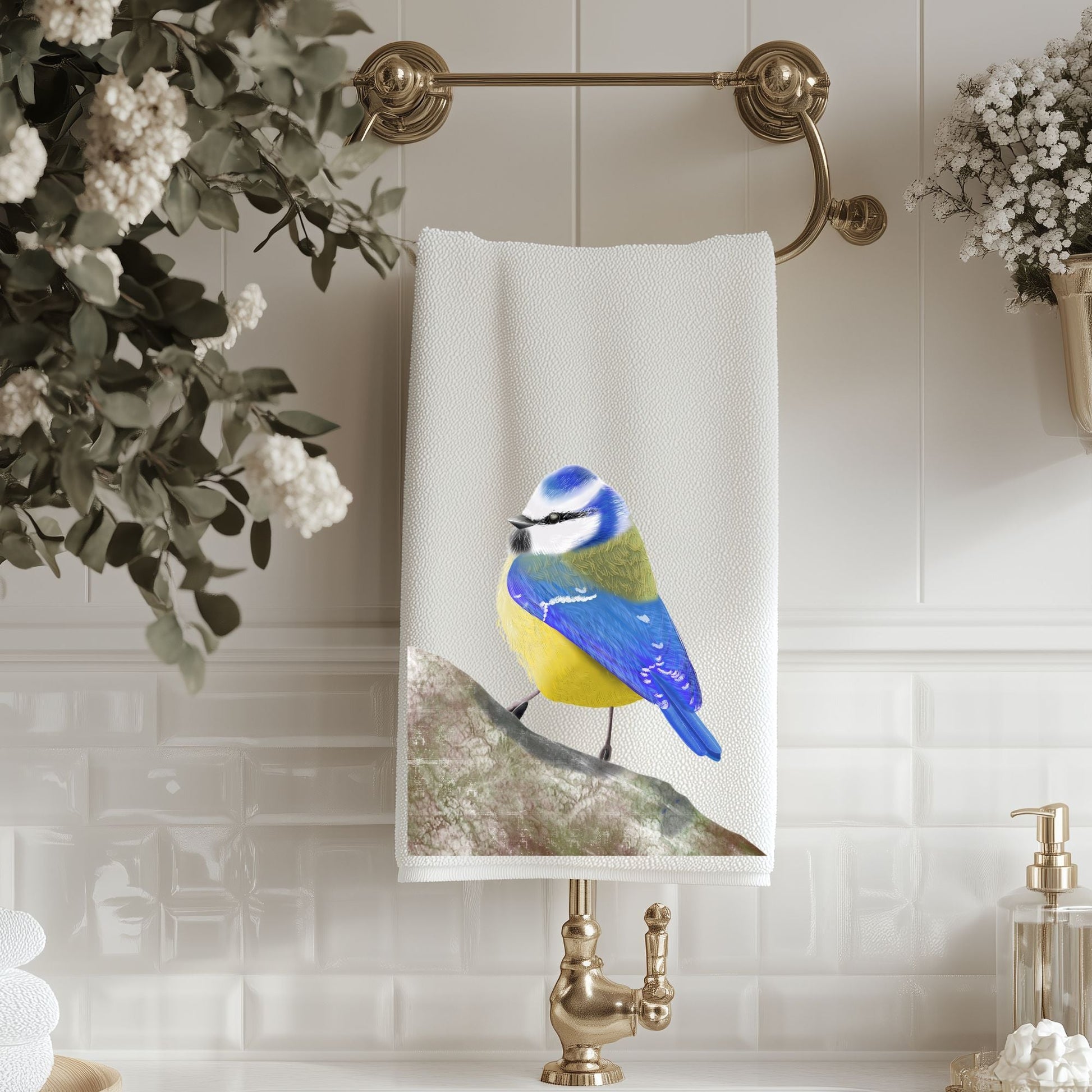 Blue Tit Bird Bathroom Towel - MerikaArt