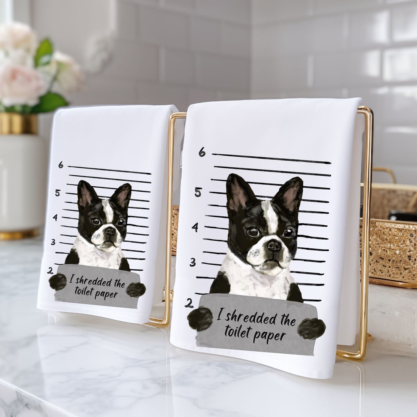 Boston Terrier Mugshot Bathroom Towel - MerikaArt