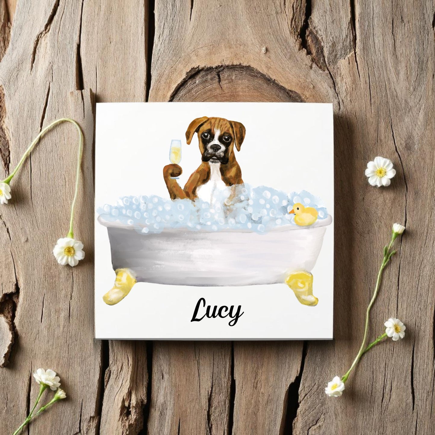 Boxer Dog in Bathtub Ceramic Tile – Handcrafted Whimsical Pet Art Decor - MerikaArt