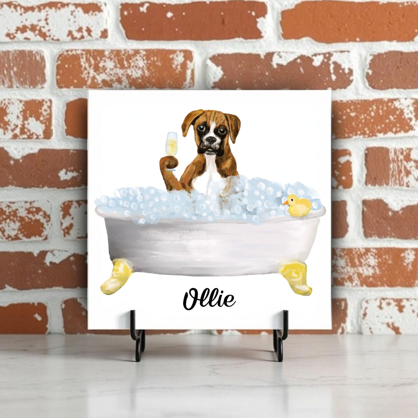 Boxer Dog in Bathtub Ceramic Tile – Handcrafted Whimsical Pet Art Decor - MerikaArt
