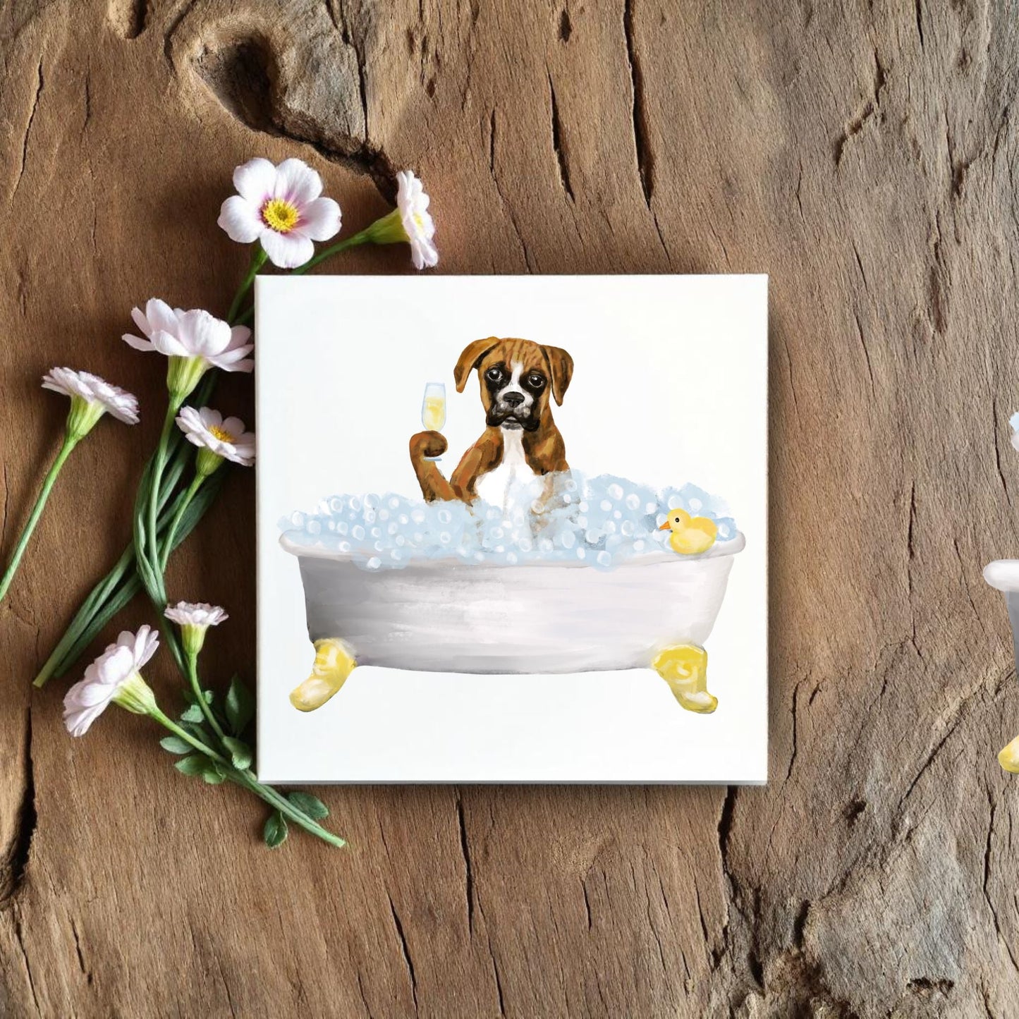 Boxer Dog in Bathtub Ceramic Tile – Handcrafted Whimsical Pet Art Decor - MerikaArt