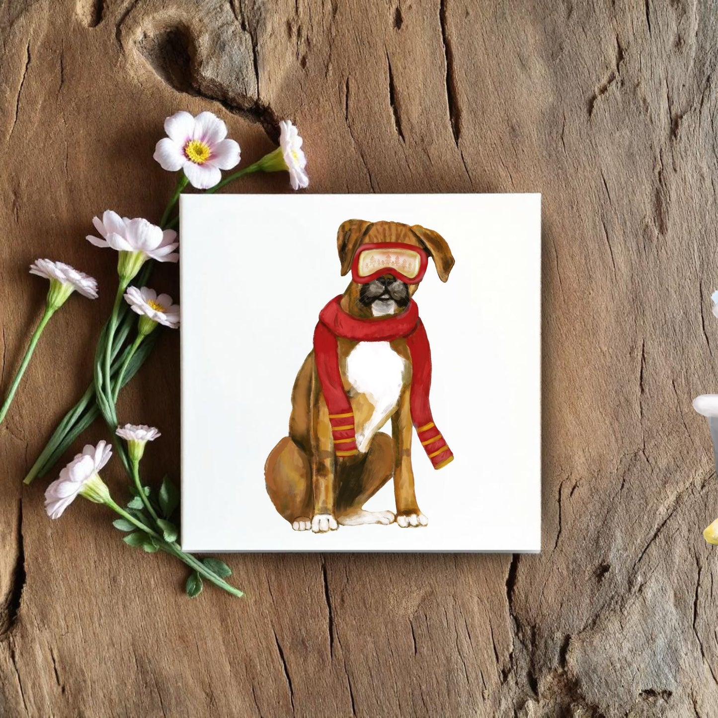 Boxer Dog in Cozy Winter Scarf Ceramic Tile - MerikaArt