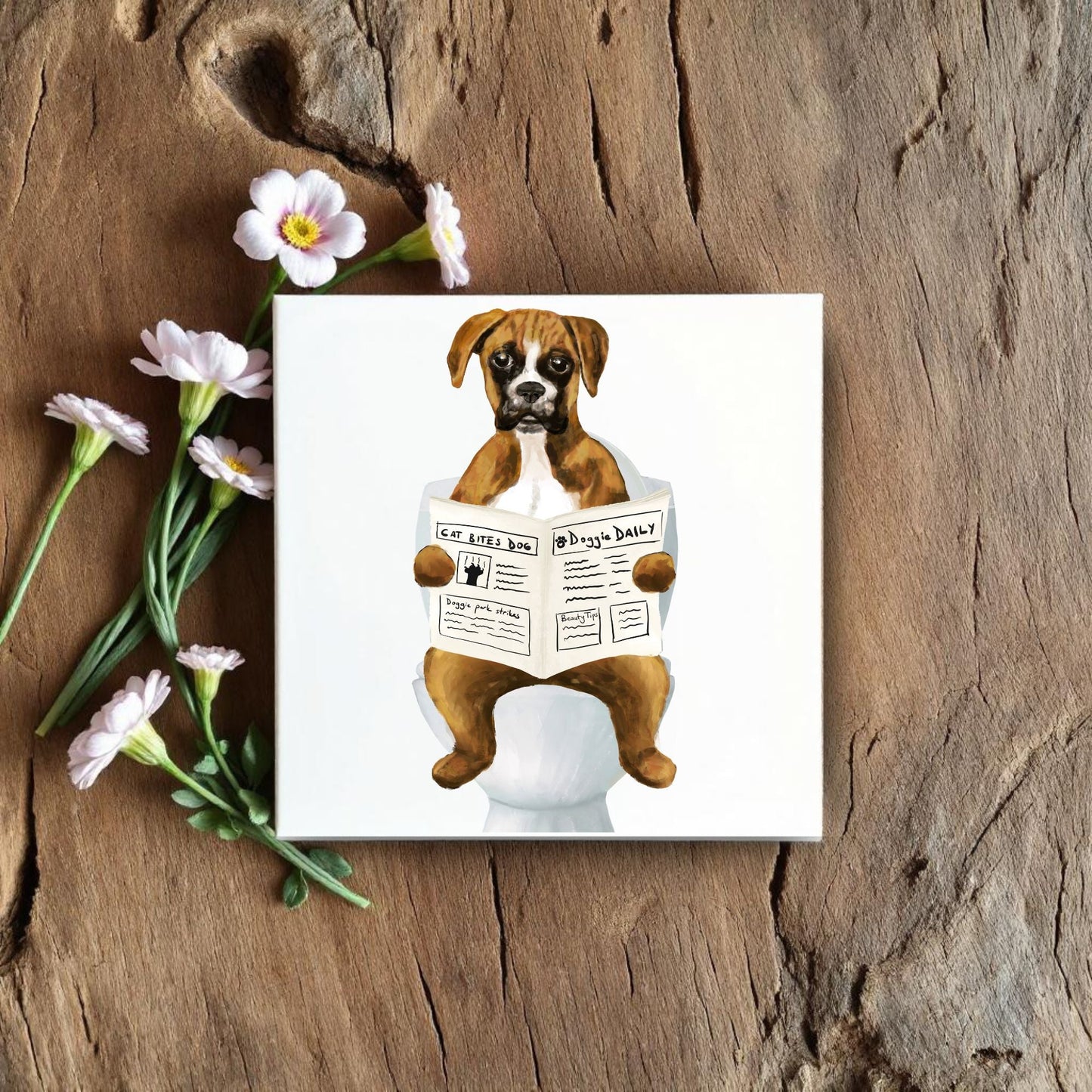 Boxer Dog Reading Newspaper Bathroom Ceramic Tile - MerikaArt