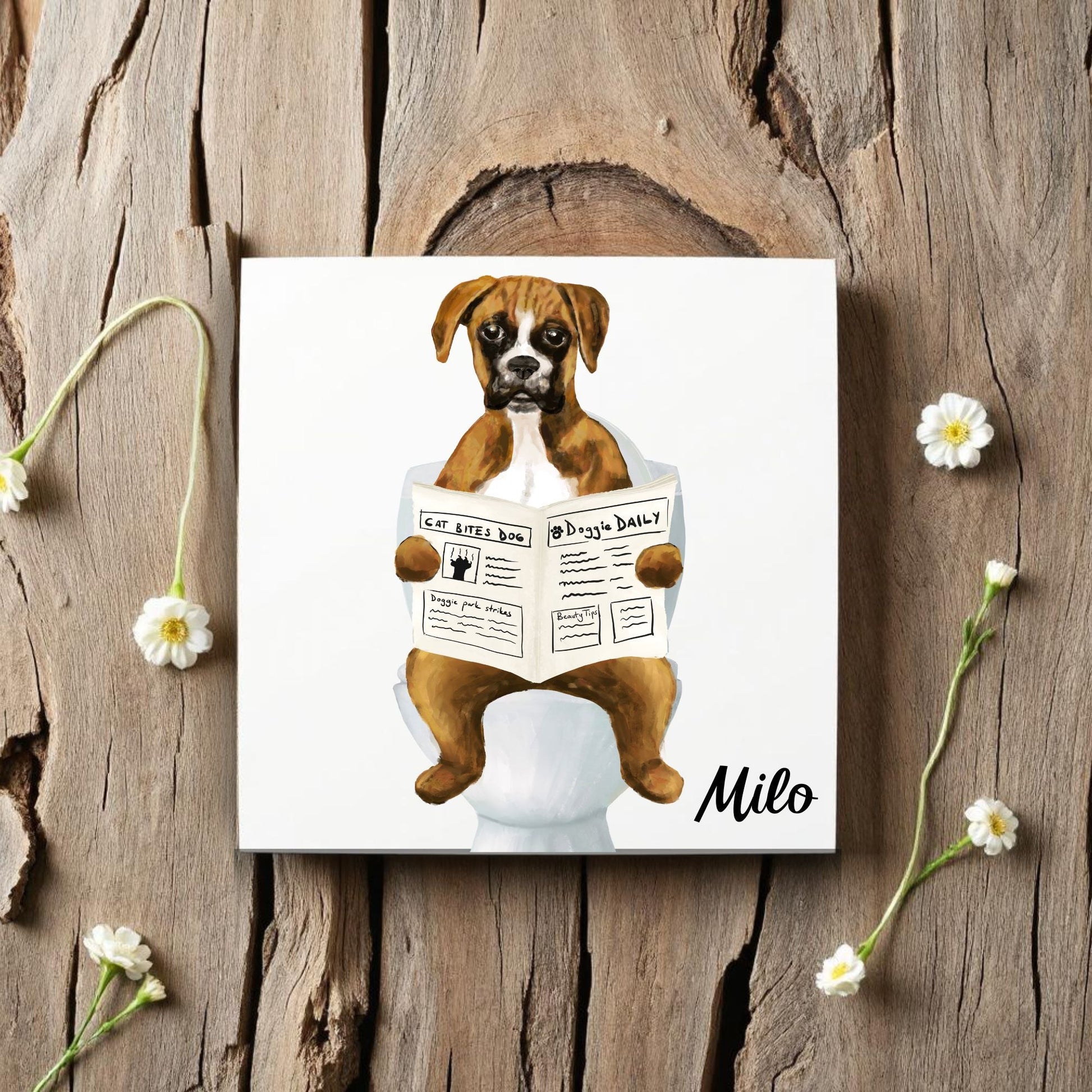 Boxer Dog Reading Newspaper Bathroom Ceramic Tile - MerikaArt