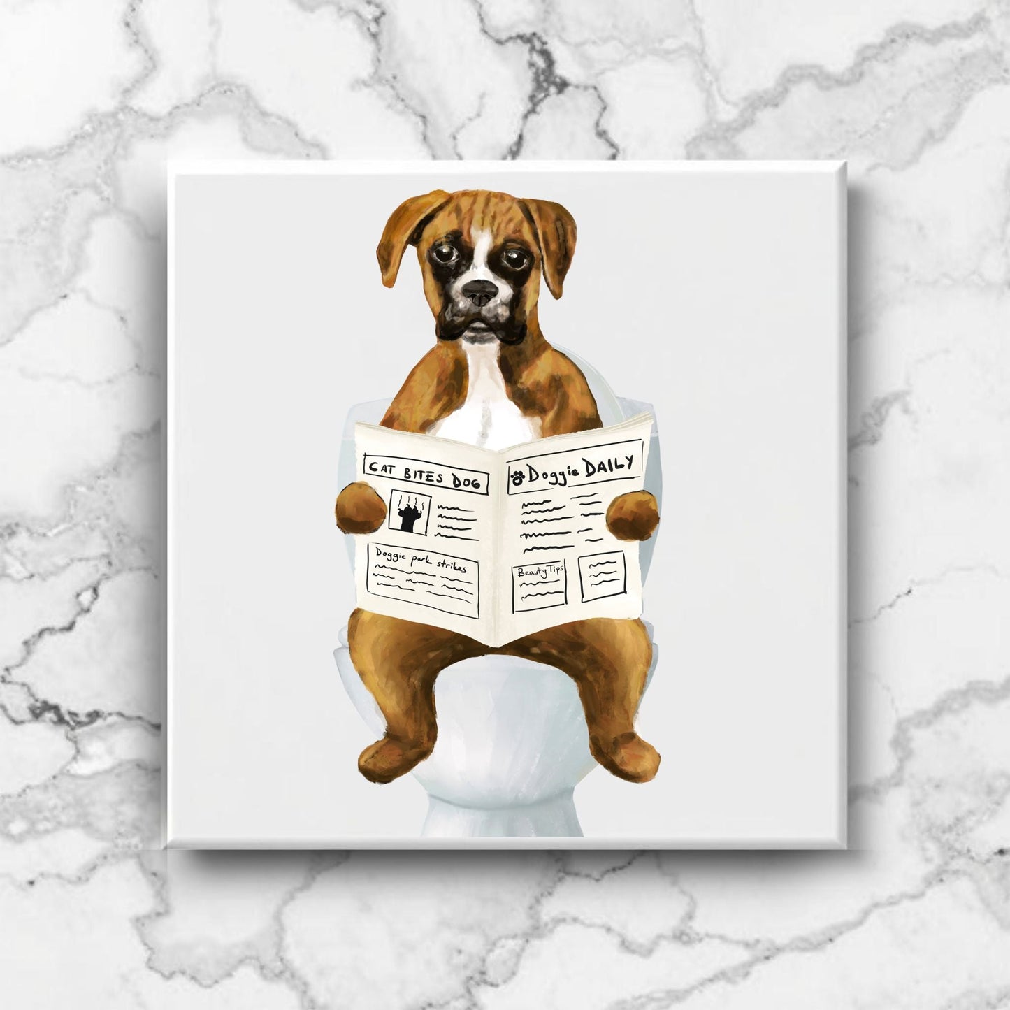 Boxer Dog Reading Newspaper Bathroom Ceramic Tile - MerikaArt