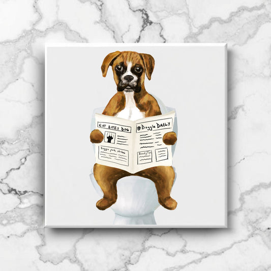 Boxer Dog Reading Newspaper Bathroom Ceramic Tile - MerikaArt