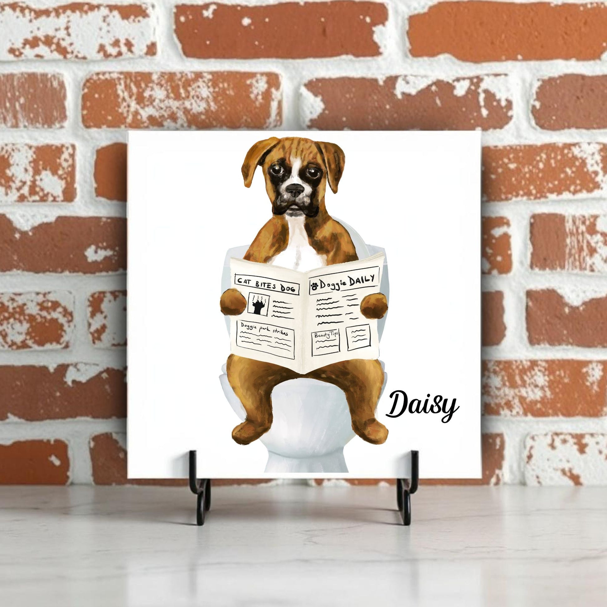 Boxer Dog Reading Newspaper Bathroom Ceramic Tile - MerikaArt