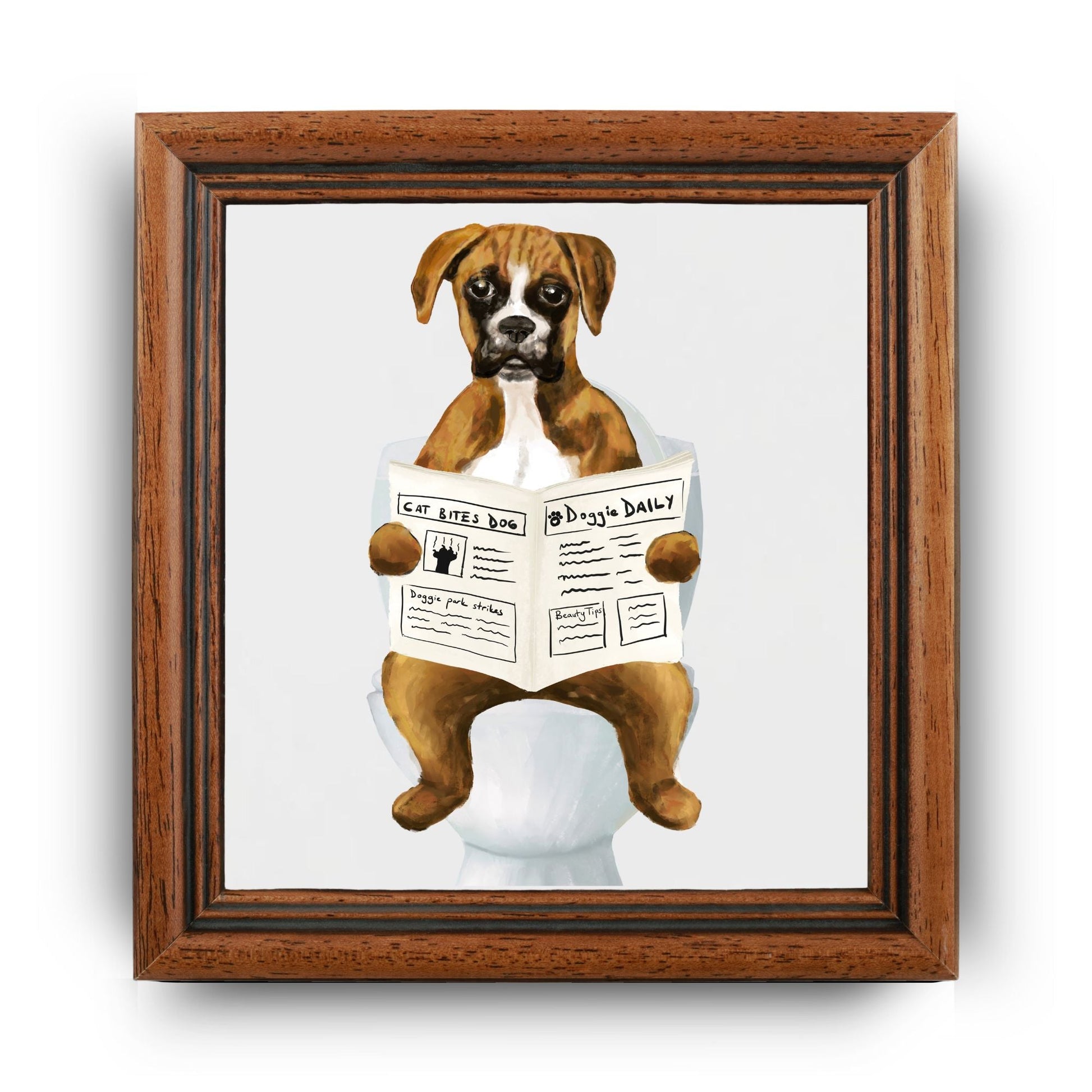 Boxer Dog Reading Newspaper Bathroom Ceramic Tile - MerikaArt