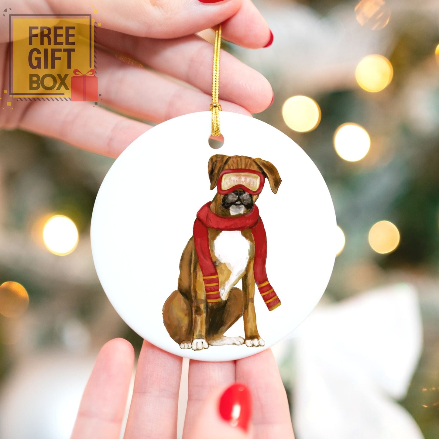 Boxer Ski Christmas Ornament - MerikaArt