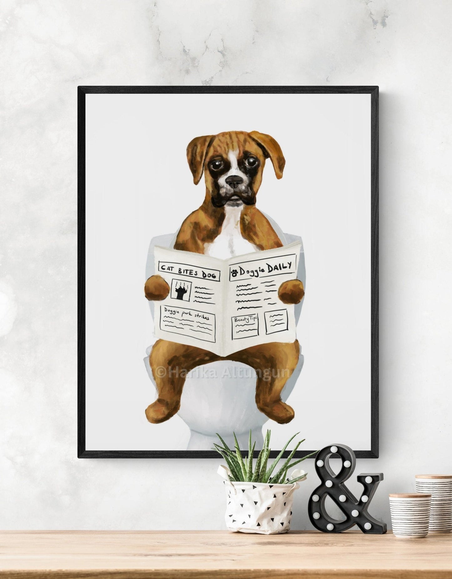 Brown Boxer On Toilet Print, Dog In Bathroom, Animal Bathroom Wall Art, Dog Memorial Painting, Puppy In Bath Print, Pet Mom Dad Gift - MerikaArt