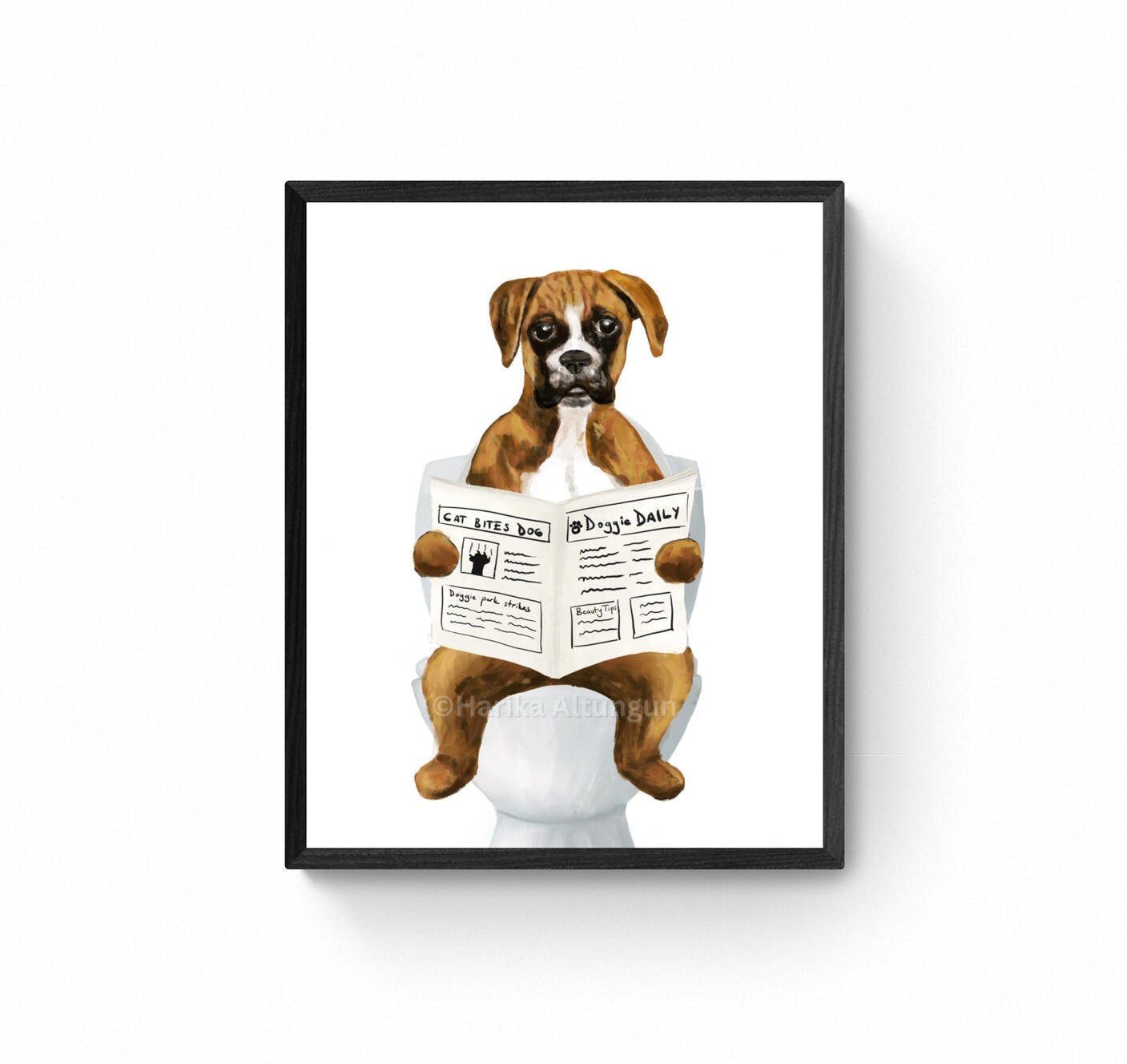 Brown Boxer On Toilet Print, Dog In Bathroom, Animal Bathroom Wall Art, Dog Memorial Painting, Puppy In Bath Print, Pet Mom Dad Gift - MerikaArt