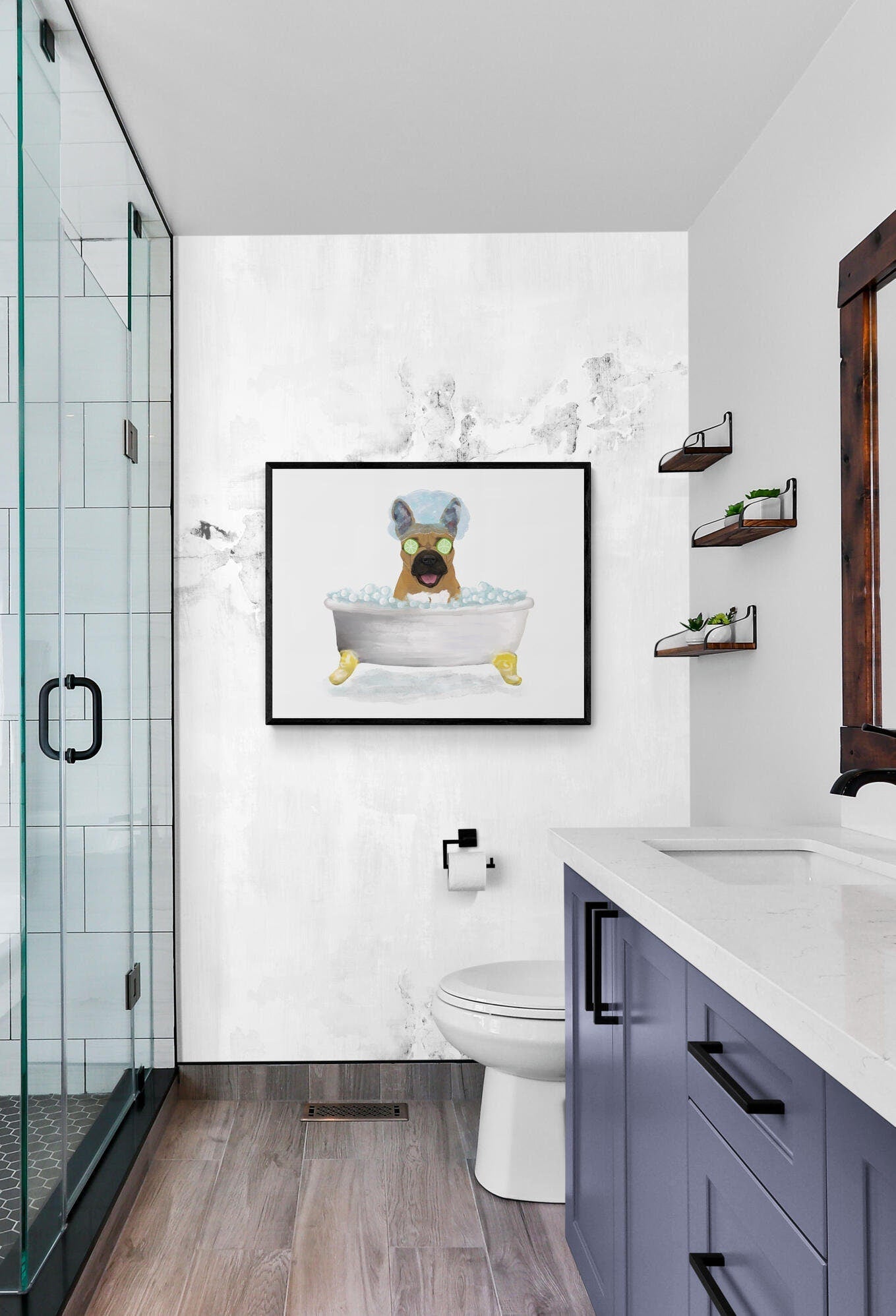 Brown French Bulldog Bathing Print, French Bulldog In Bathtub, Bathroom Wall Art, Dog Painting, Dog Relaxing In Bath Print, Dog Lover - MerikaArt
