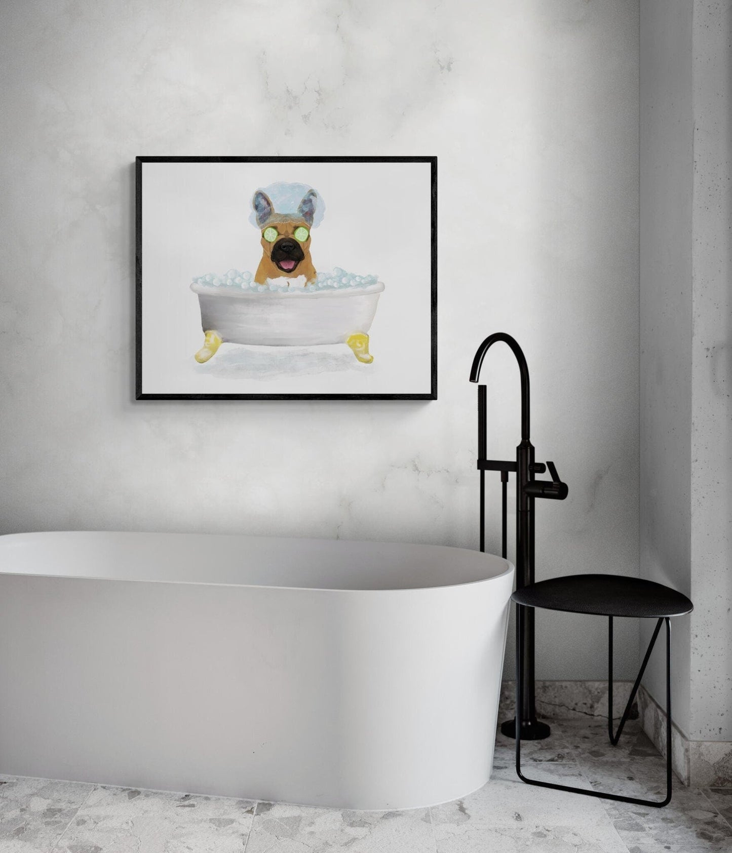 Brown French Bulldog Bathing Print, French Bulldog In Bathtub, Bathroom Wall Art, Dog Painting, Dog Relaxing In Bath Print, Dog Lover - MerikaArt