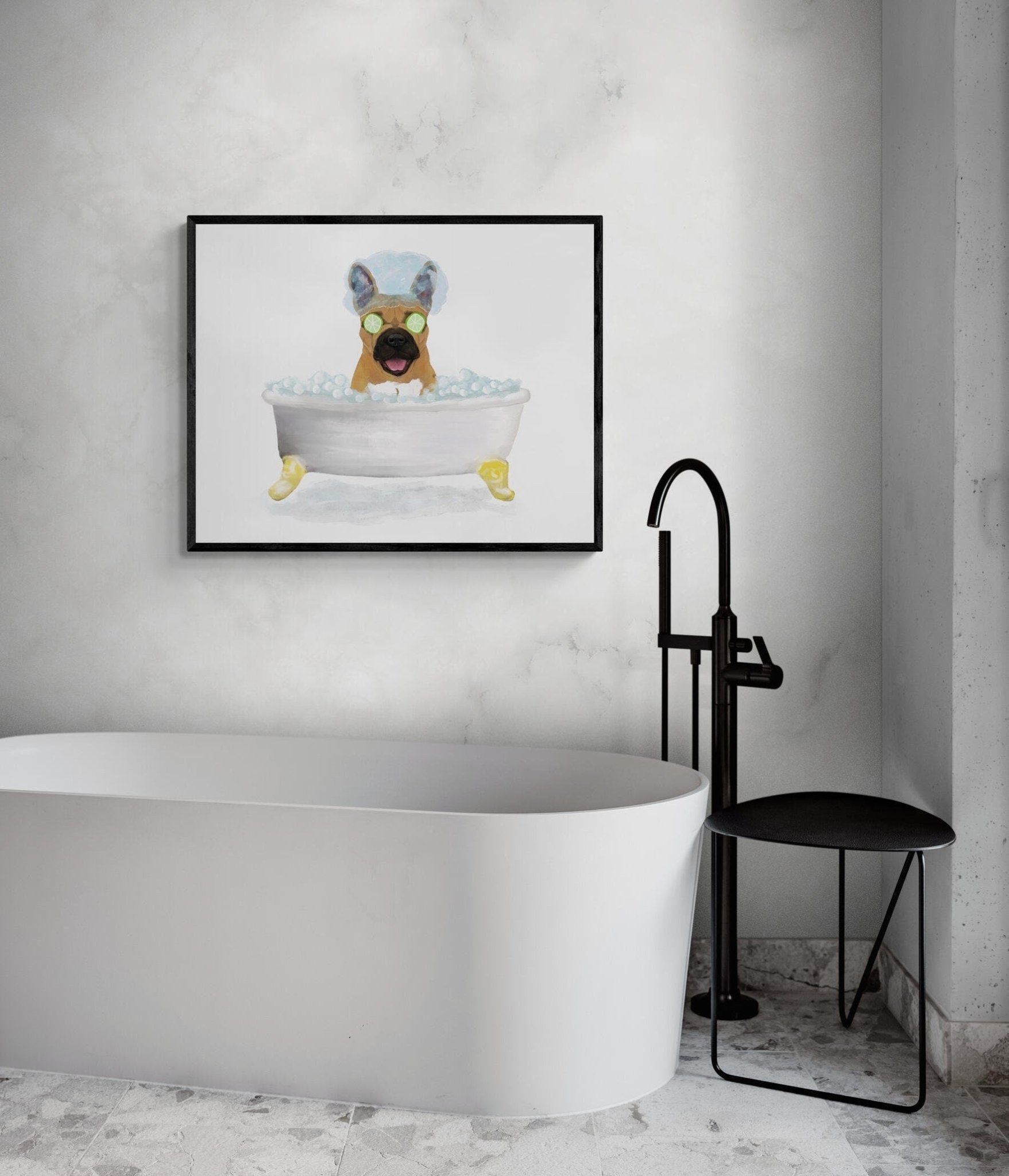 Brown French Bulldog Bathing Print, French Bulldog In Bathtub, Bathroom Wall Art, Dog Painting, Dog Relaxing In Bath Print, Dog Lover - MerikaArt