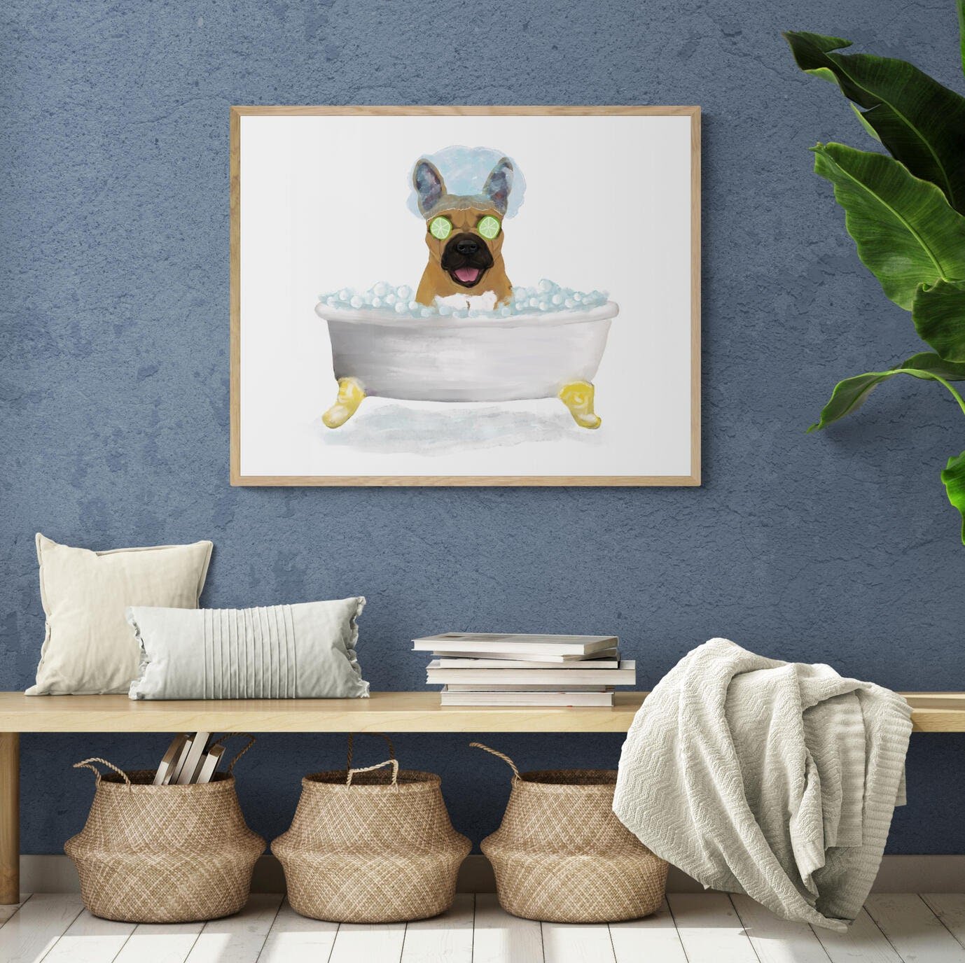 Brown French Bulldog Bathing Print, French Bulldog In Bathtub, Bathroom Wall Art, Dog Painting, Dog Relaxing In Bath Print, Dog Lover - MerikaArt