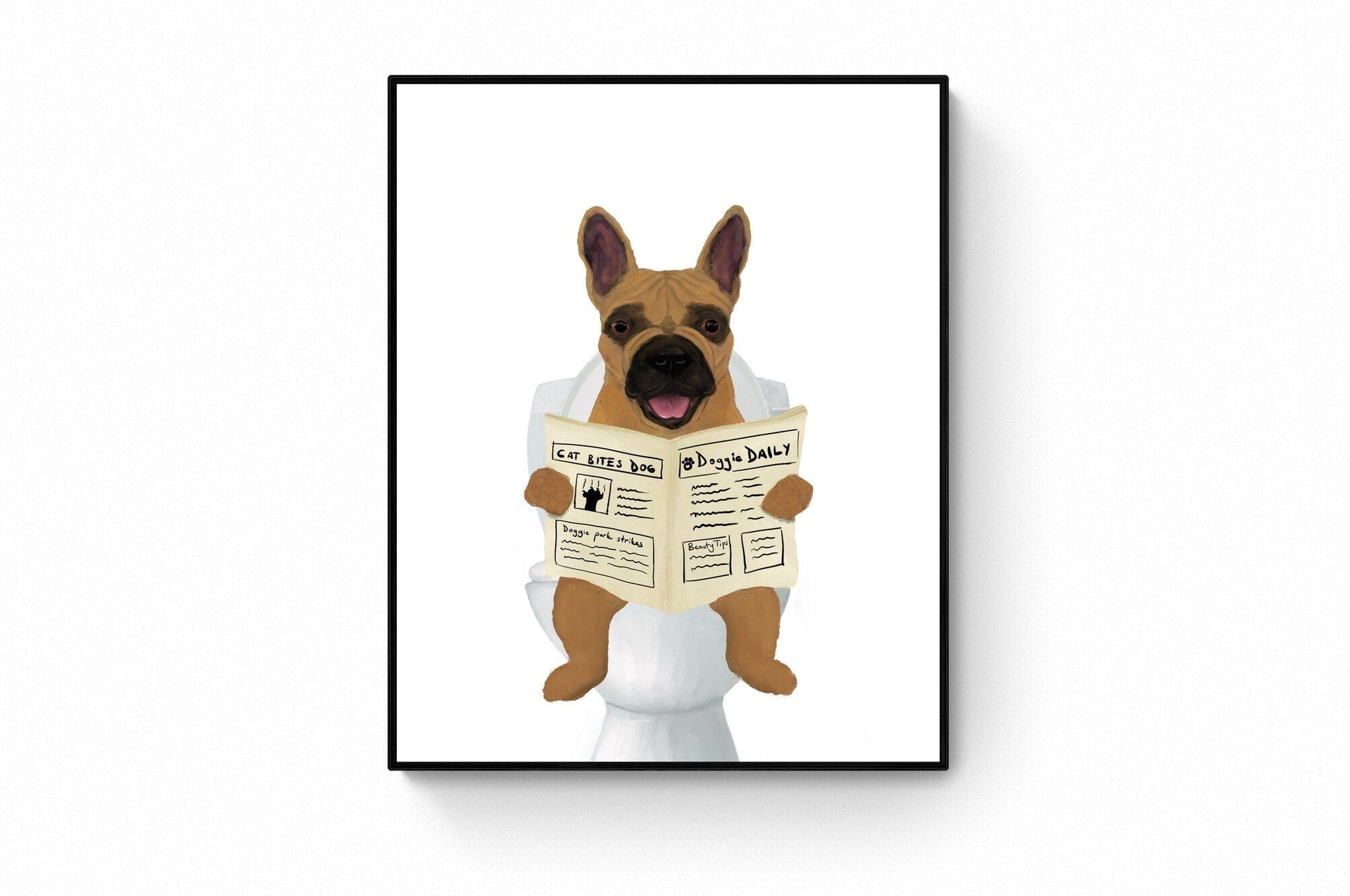 Brown French Bulldog On Toilet Print, Dog On Toilet Art, Bathroom Art, Bathroom Dog Painting, Frenchie On Toilet Print, Dog Lover Gift - MerikaArt