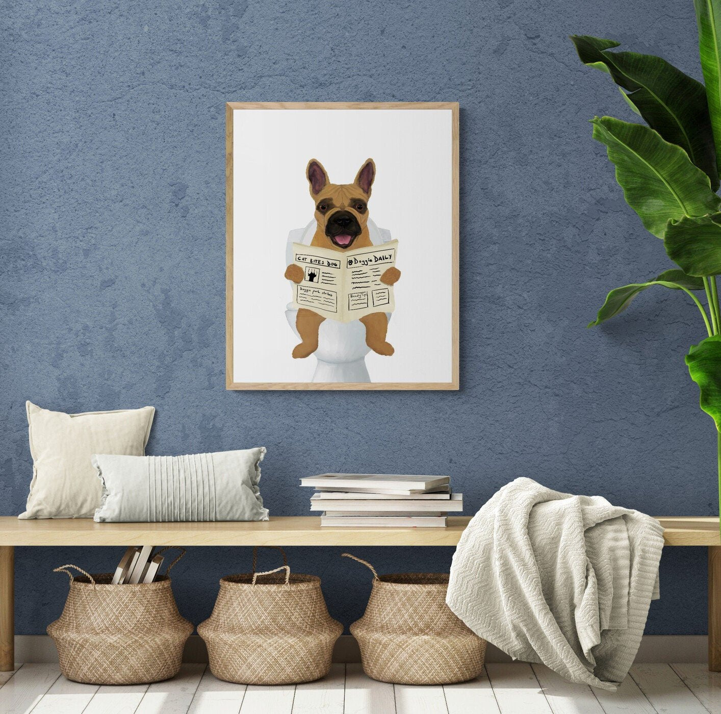 Brown French Bulldog On Toilet Print, Dog On Toilet Art, Bathroom Art, Bathroom Dog Painting, Frenchie On Toilet Print, Dog Lover Gift - MerikaArt