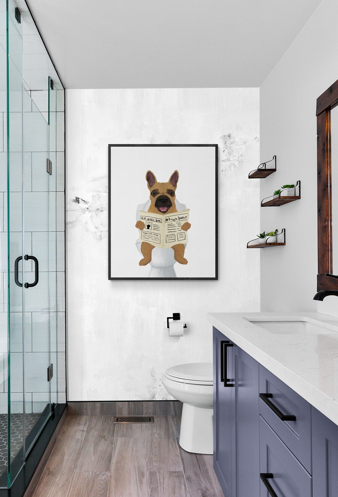Brown French Bulldog On Toilet Print, Dog On Toilet Art, Bathroom Art, Bathroom Dog Painting, Frenchie On Toilet Print, Dog Lover Gift - MerikaArt
