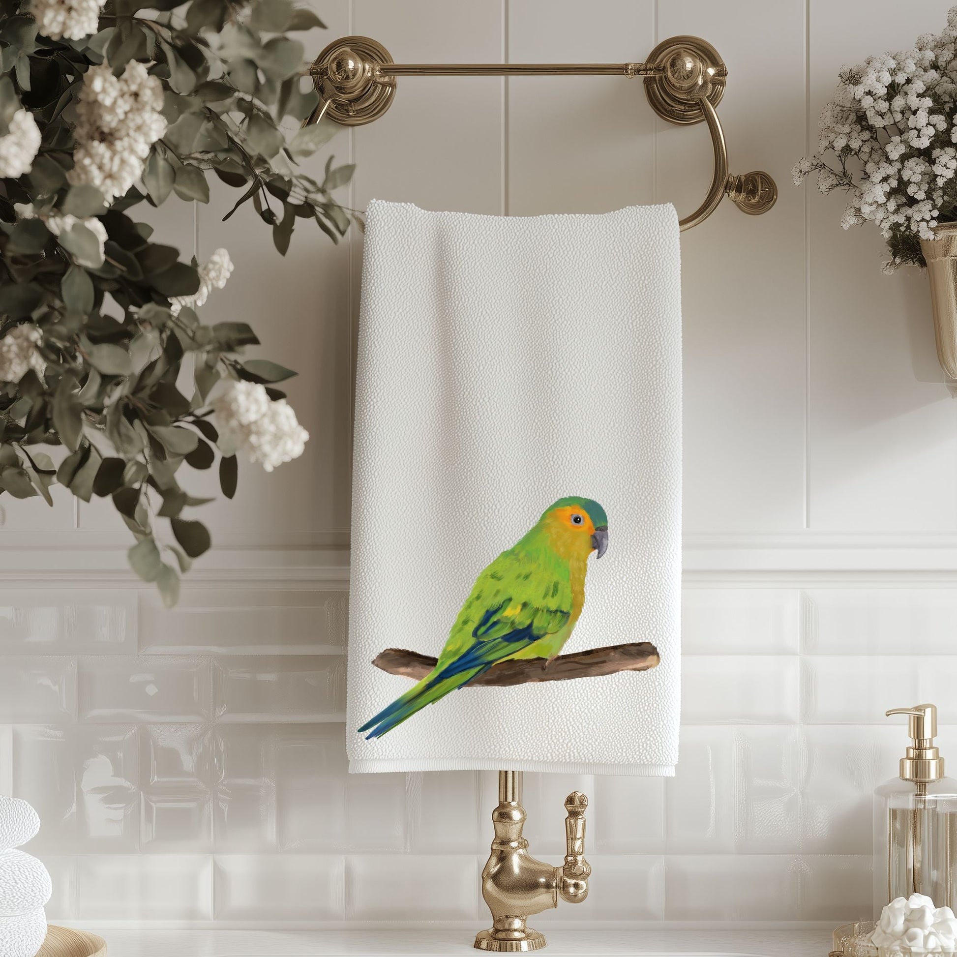 Brown - Throated Conure Bird Bathroom Towel - MerikaArt